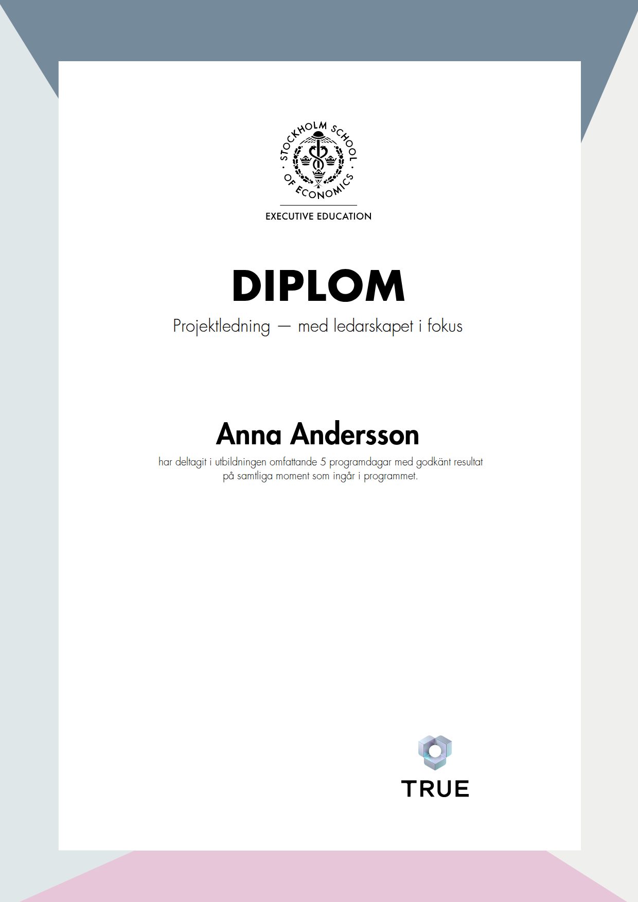 Exempel: diplom för Projektledning —
med ledarskapet i fokus från SSE - Handelshögskolan Executive Education