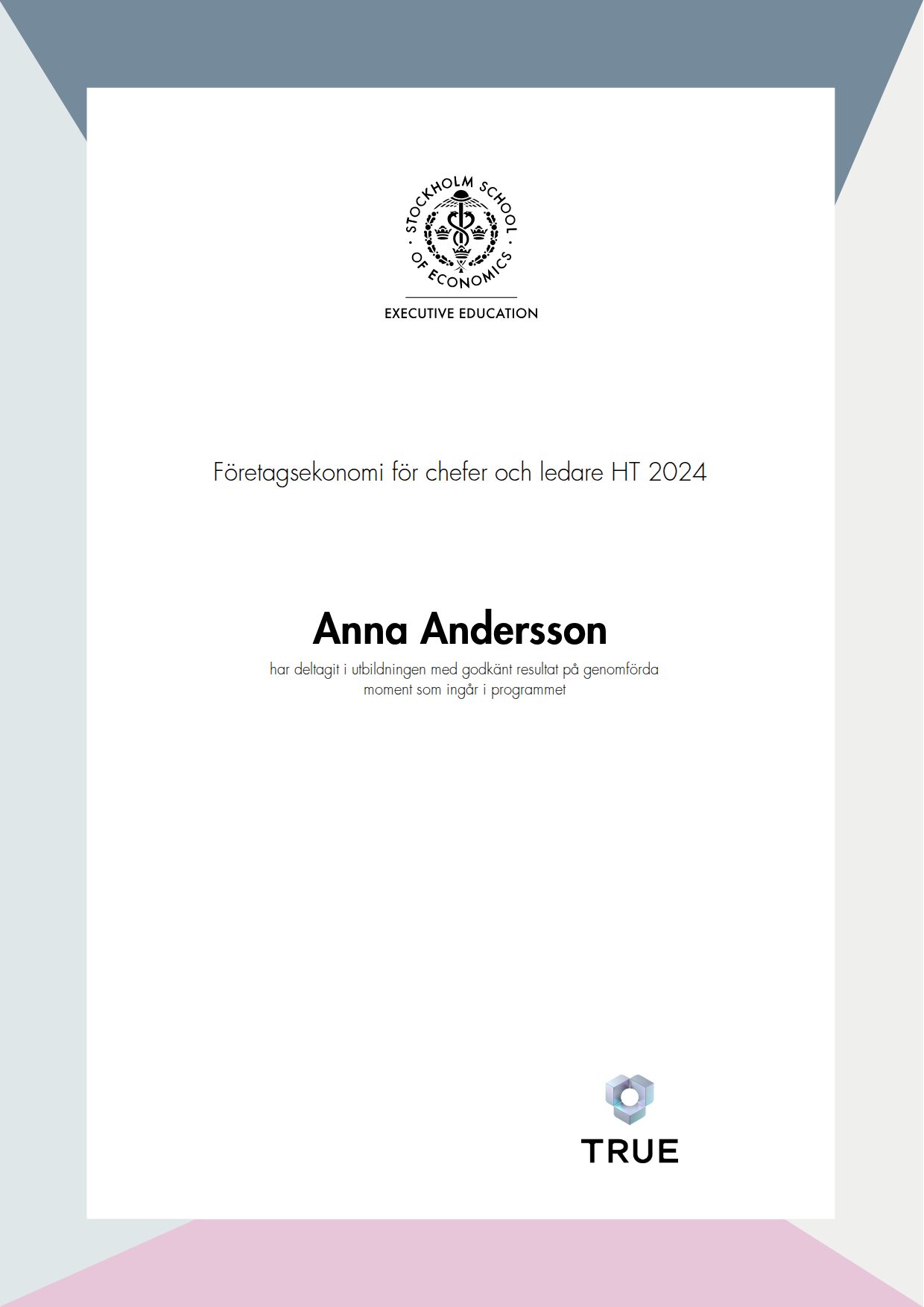 Exempel: diplom för Företagsekonomi för chefer och ledare HT 2024 från SSE - Handelshögskolan Executive Education