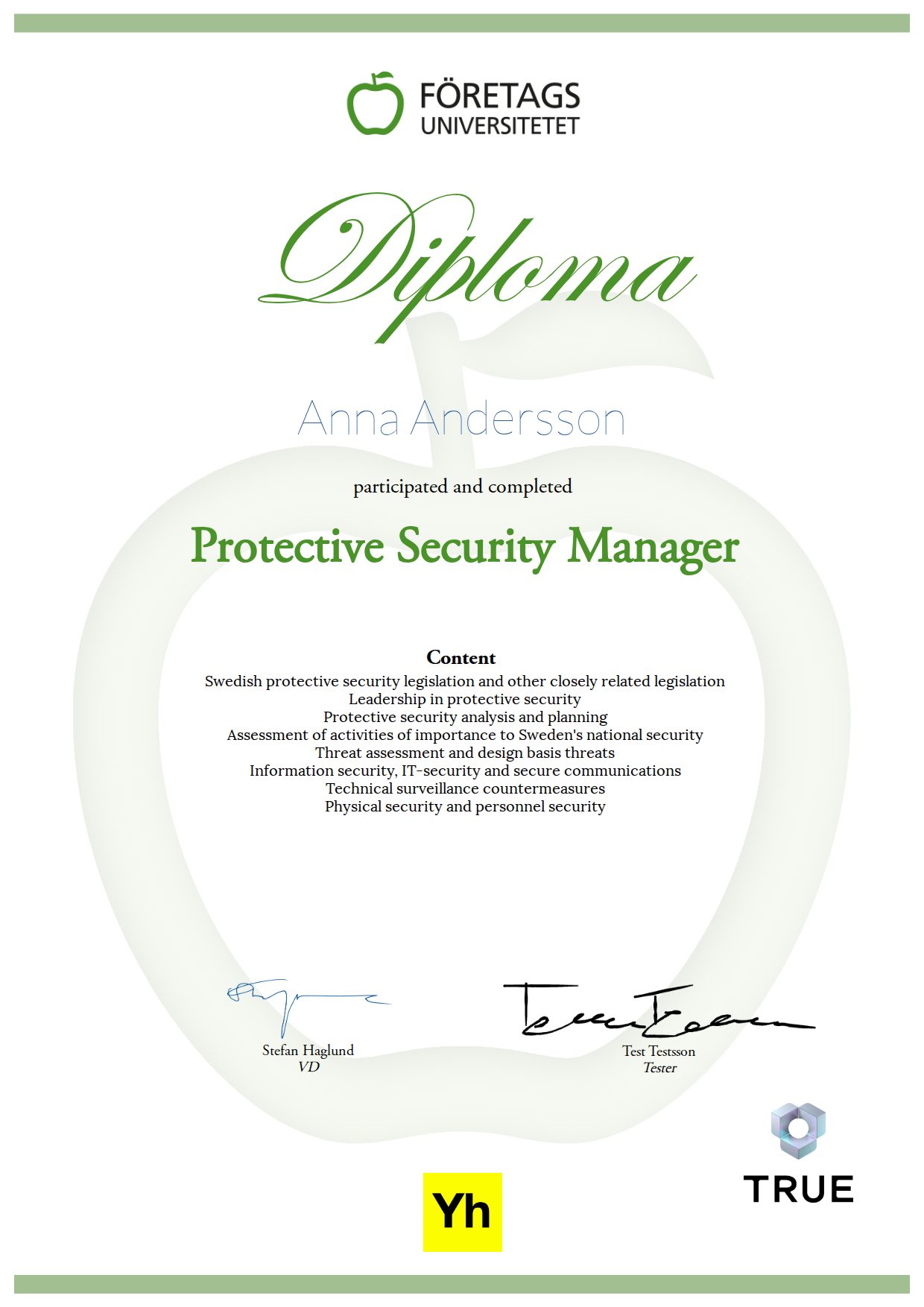 Example certificate for Protective Security Manager from Företagsuniversitetet