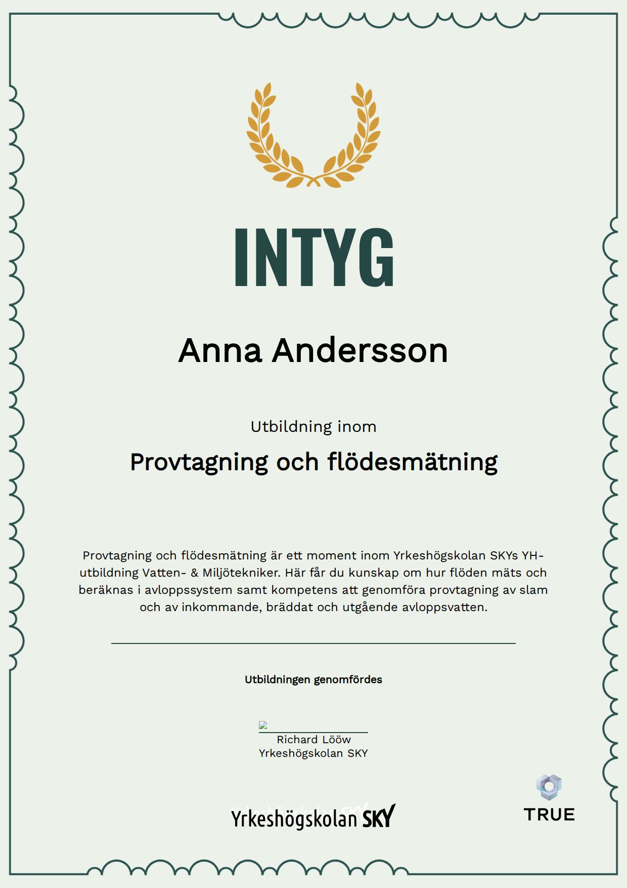 Example certificate for Provtagning och flödesmätning from Yrkeshögskolan SKY
