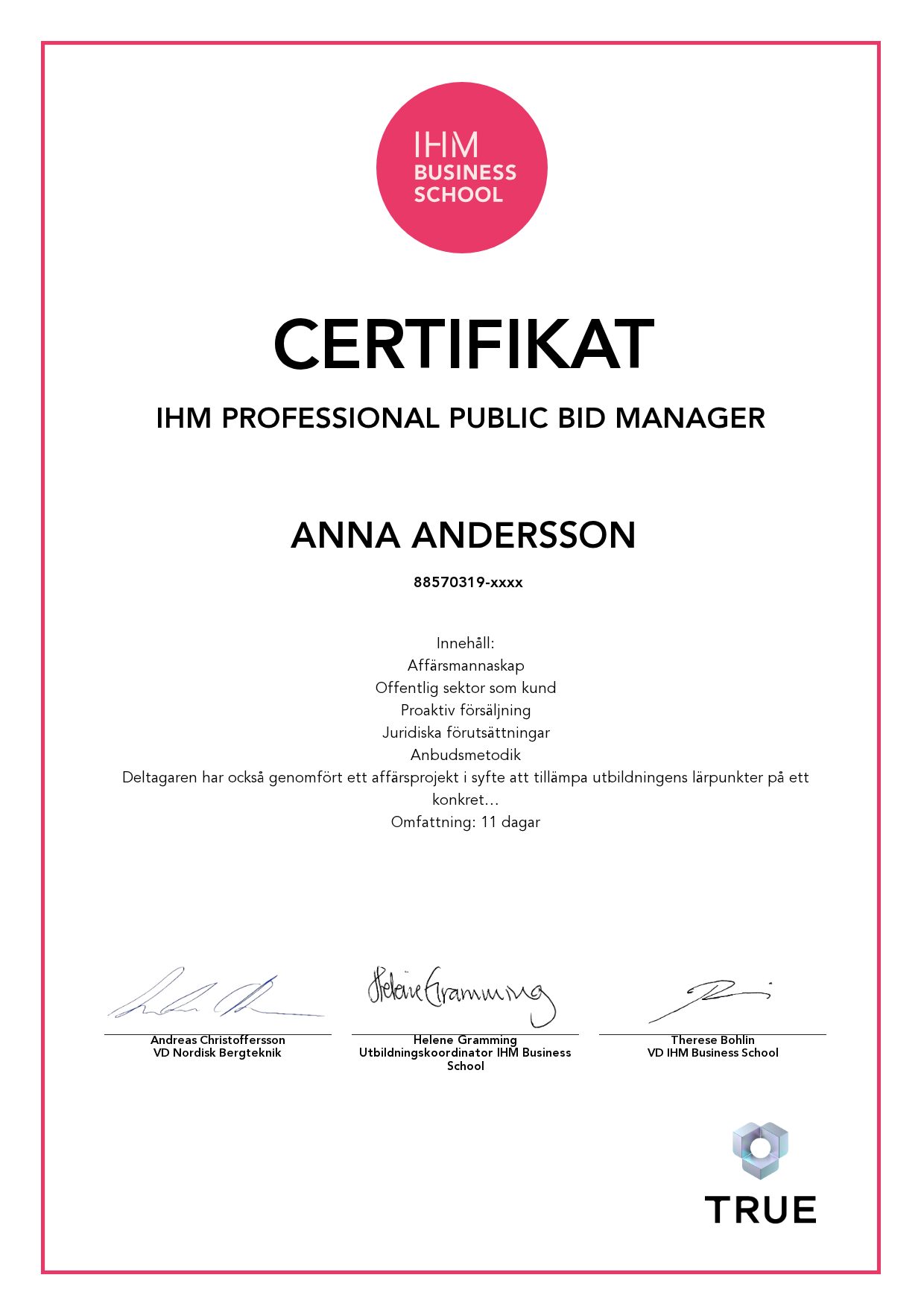 Exempel: diplom för IHM Professional Public Bid Manager från IHM Business School