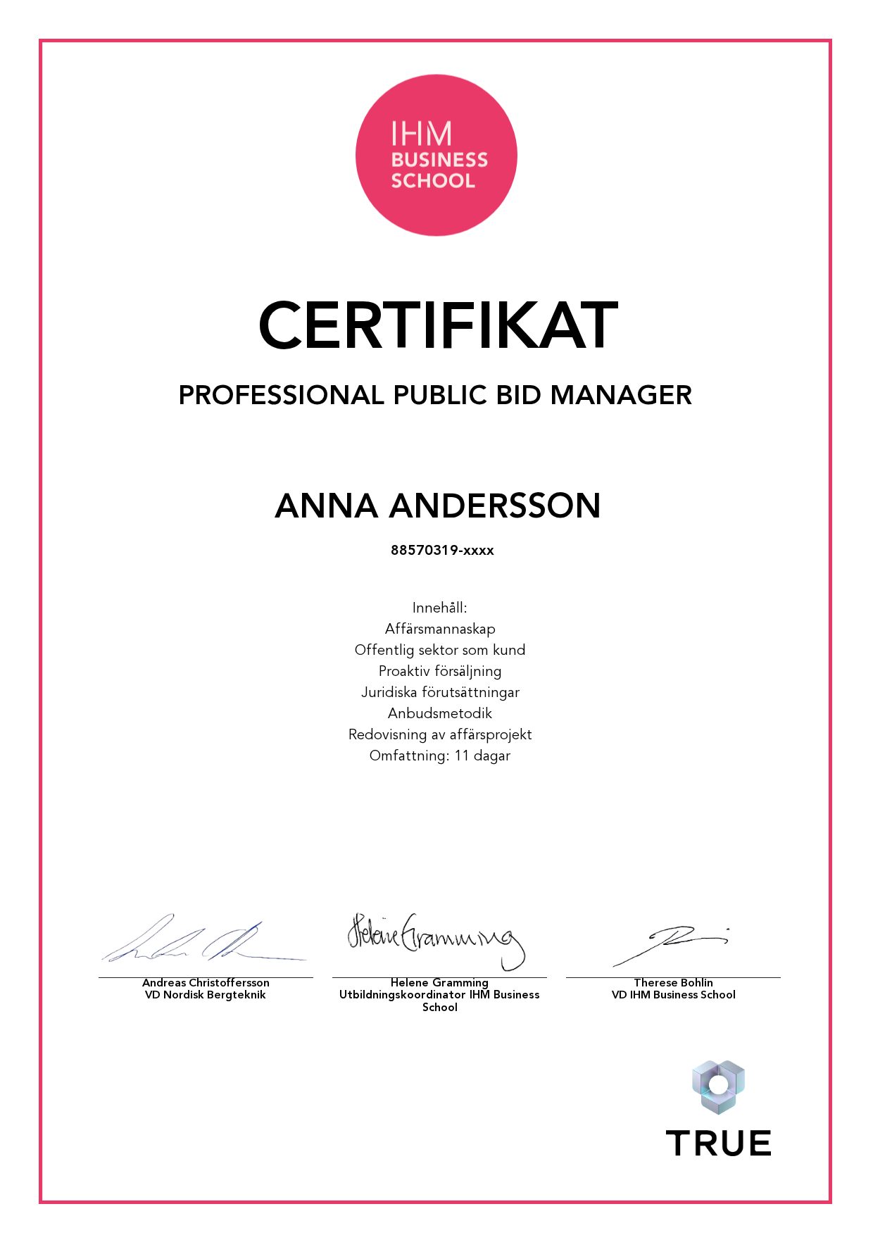 Exempel: diplom för Professional Public Bid Manager från IHM Business School