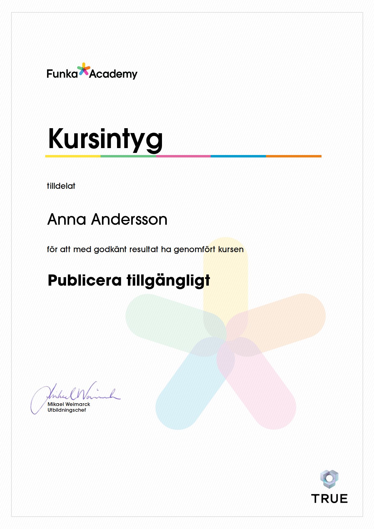 Exempel: diplom för Publicera tillgängligt från Funka Academy