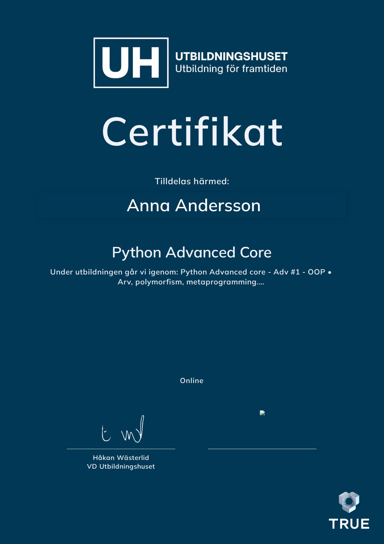 Exempel: diplom för Python Advanced Core från Education Online