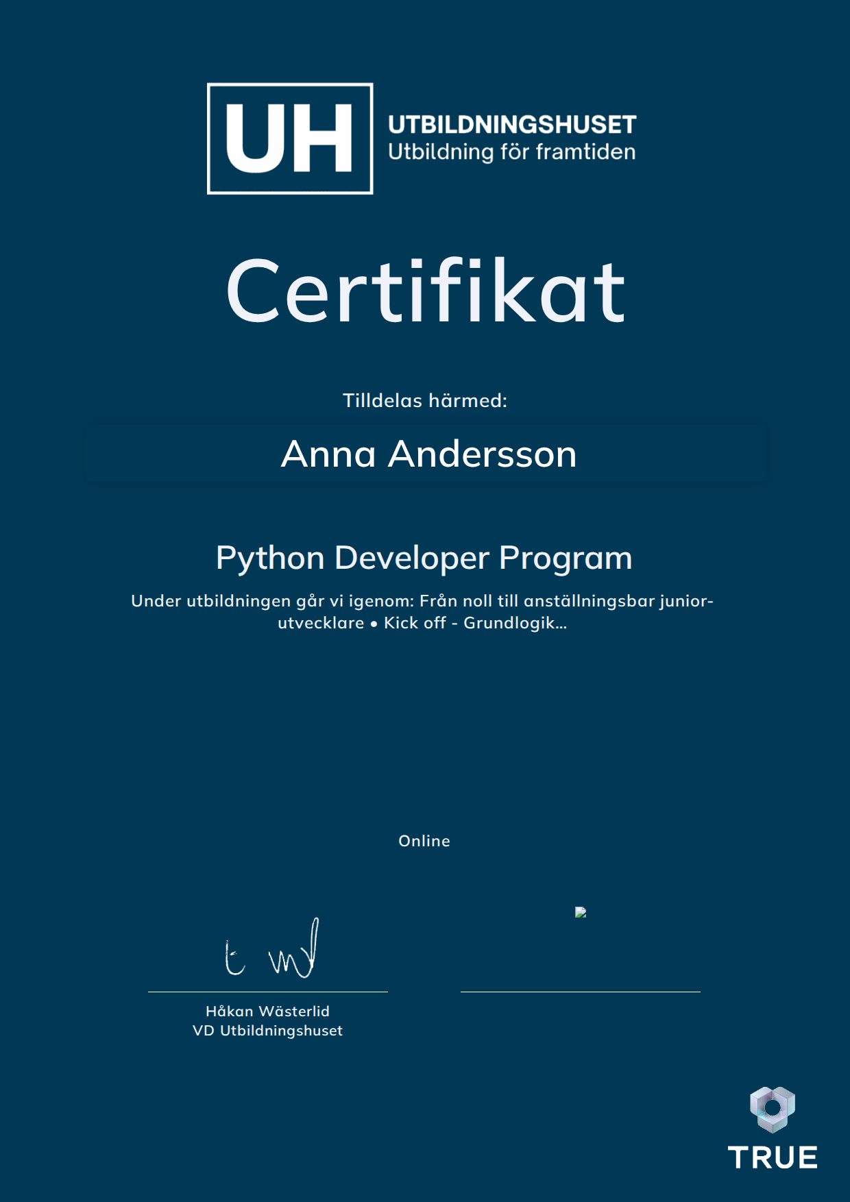 Exempel: diplom för Python Developer Program från Education Online