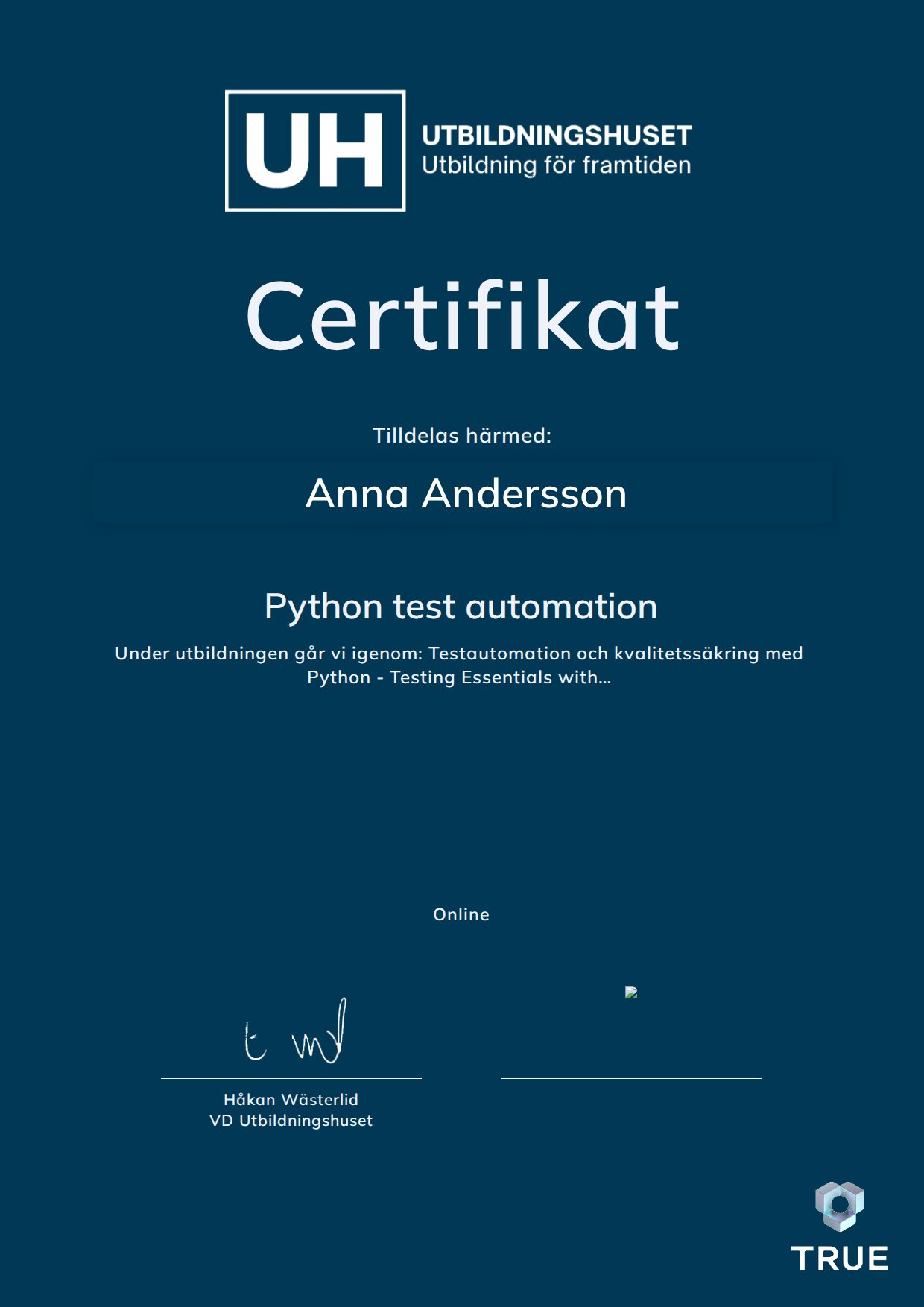 Exempel: diplom för Python test automation från Education Online