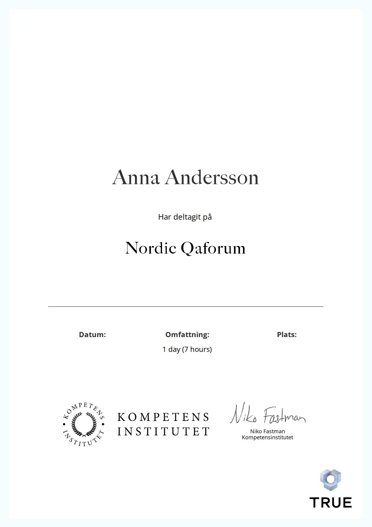 Exempel: diplom för Nordic Qaforum från Kompetensinstitutet