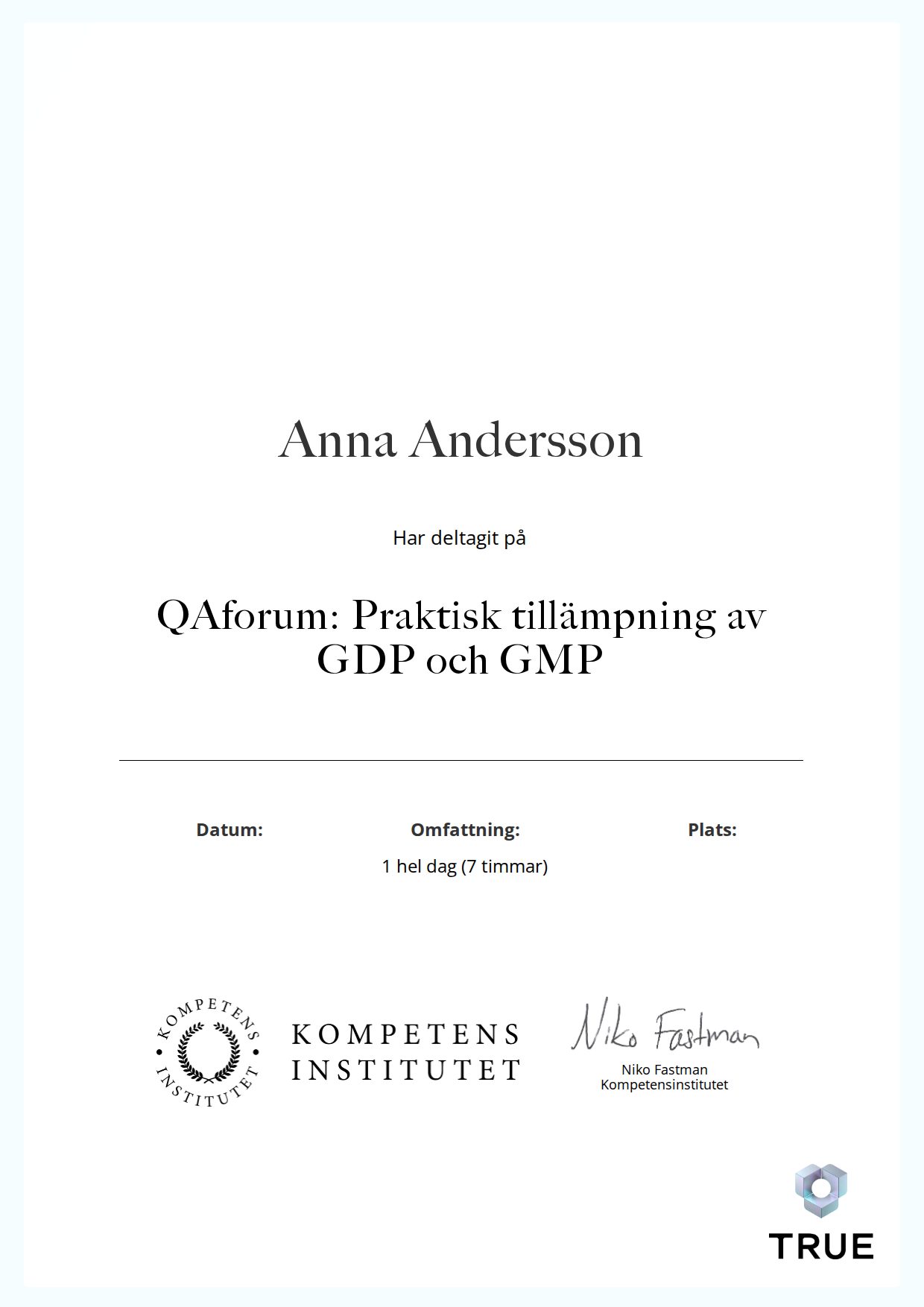 Exempel: diplom för QAforum: Praktisk tillämpning av GDP och GMP från Kompetensinstitutet