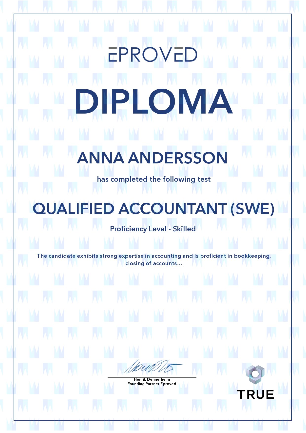 Example certificate for Qualified Accountant (SWE) from Eproved