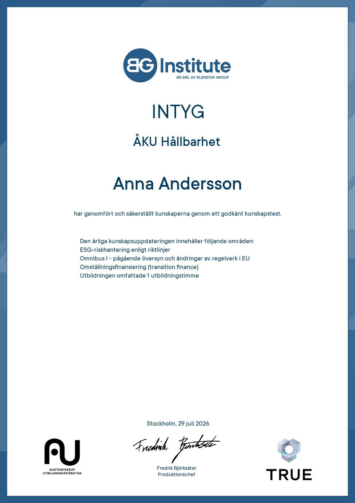 Exempel: diplom för ÅKU Hållbarhet från BG Institute - Blendow