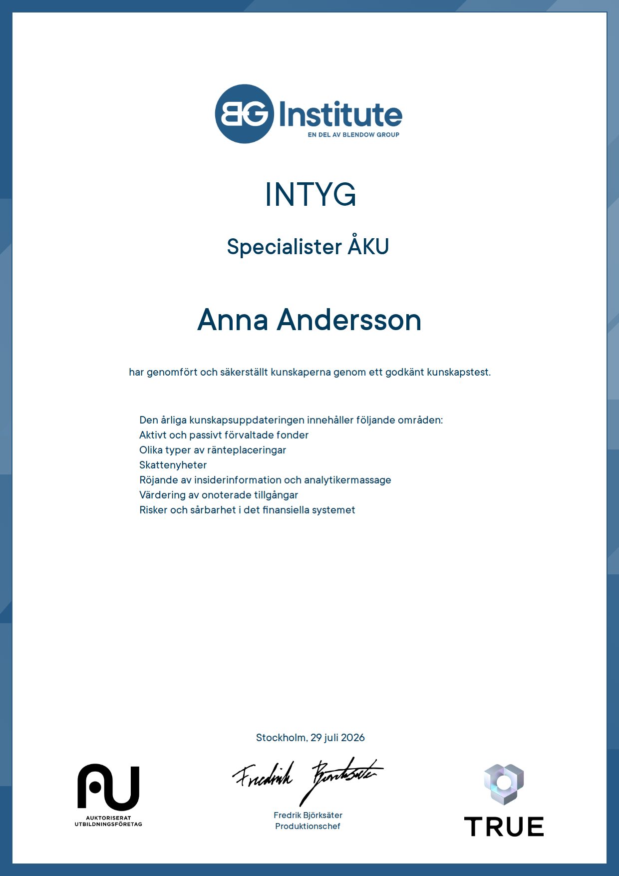 Exempel: diplom för Specialister ÅKU från BG Institute - Blendow