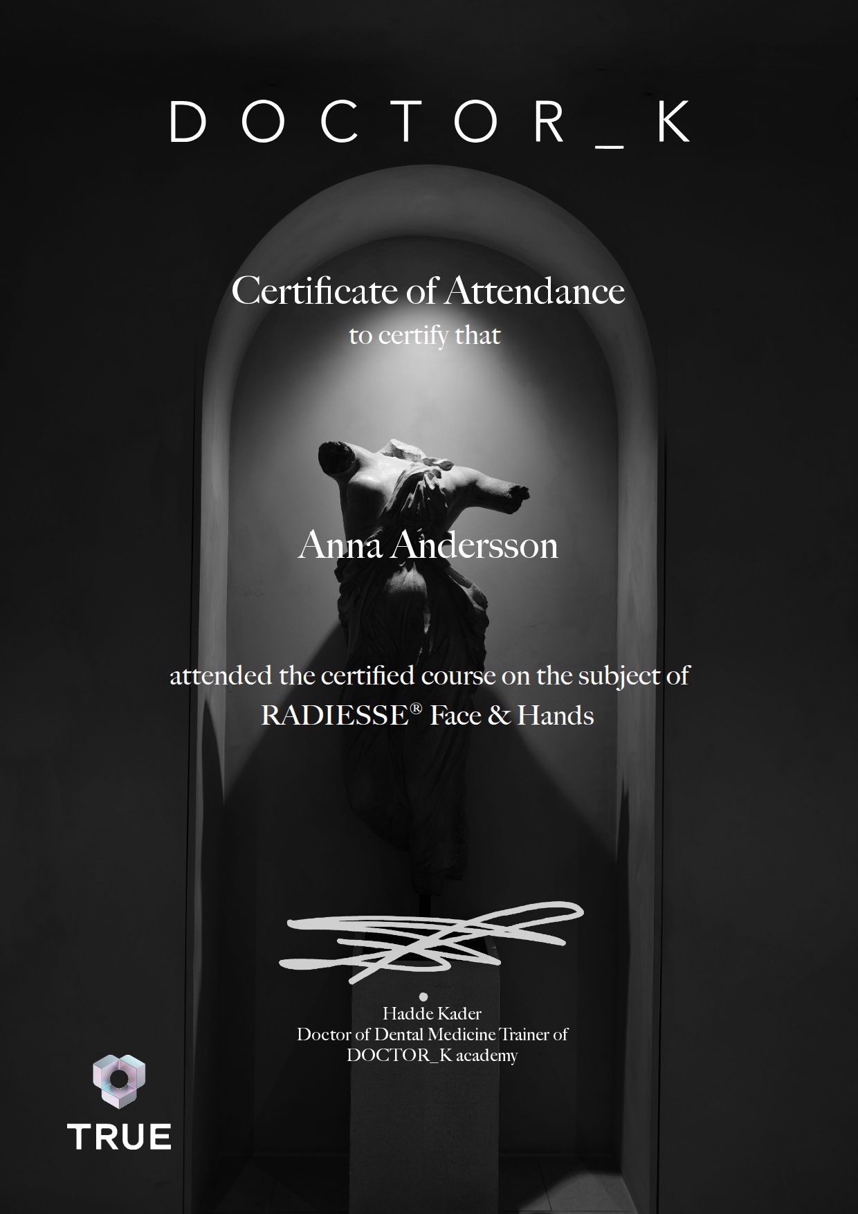 Exempel: diplom för RADIESSE® Face & Hands från DOCTOR_K
