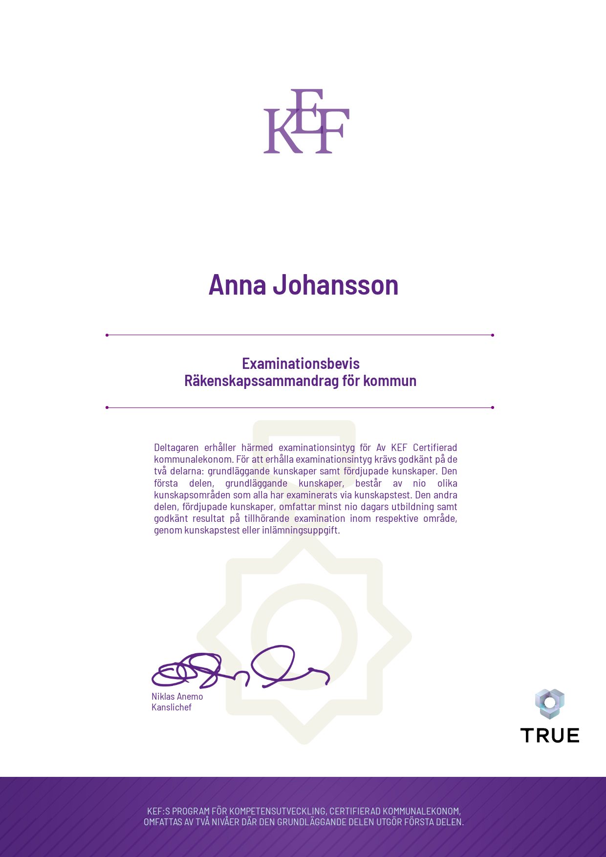 Exempel: diplom för Räkenskapssammandrag för kommun från KEF - Kommualekonomernas förening