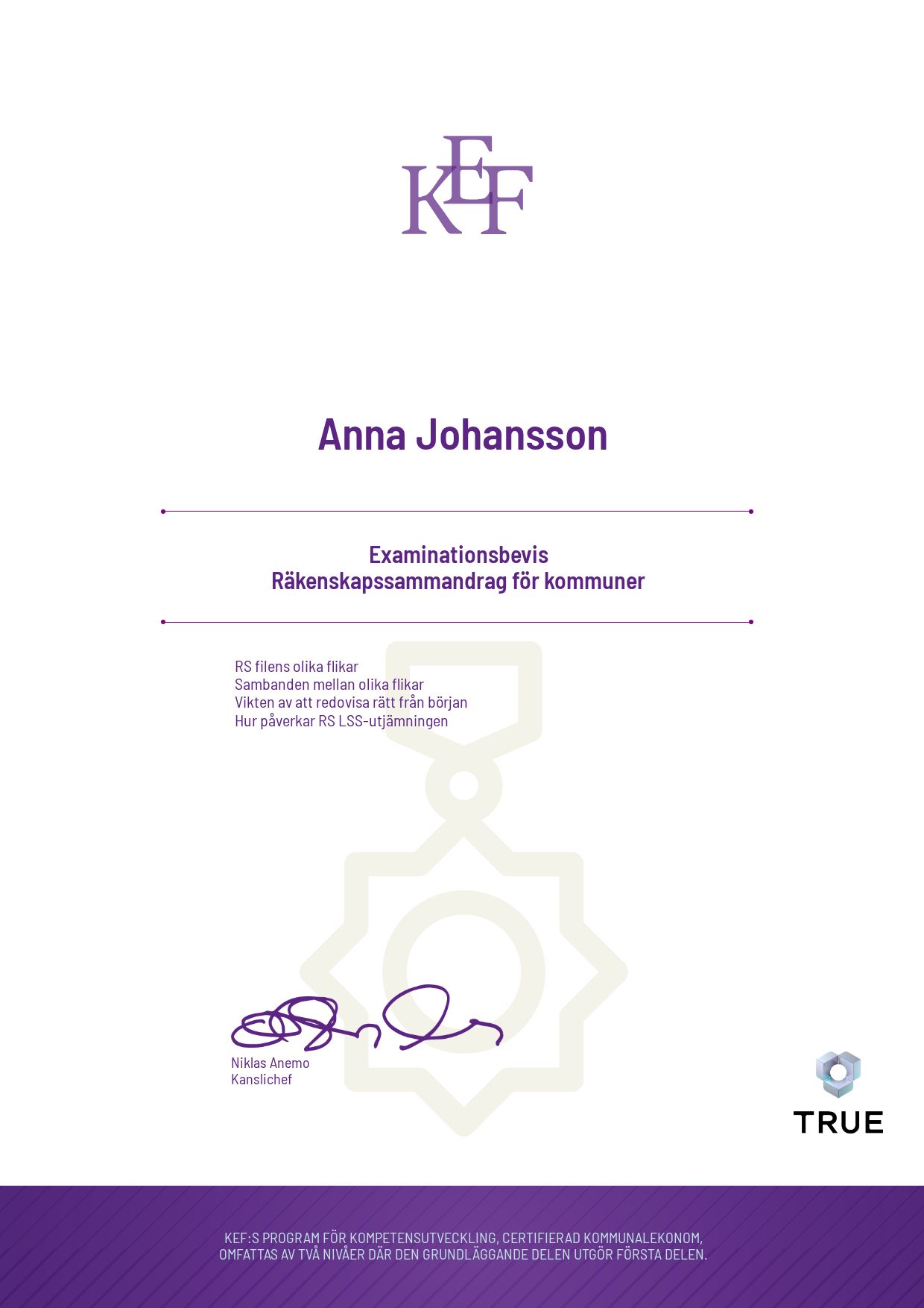 Exempel: diplom för Räkenskapssammandrag för kommuner från KEF - Kommualekonomernas förening