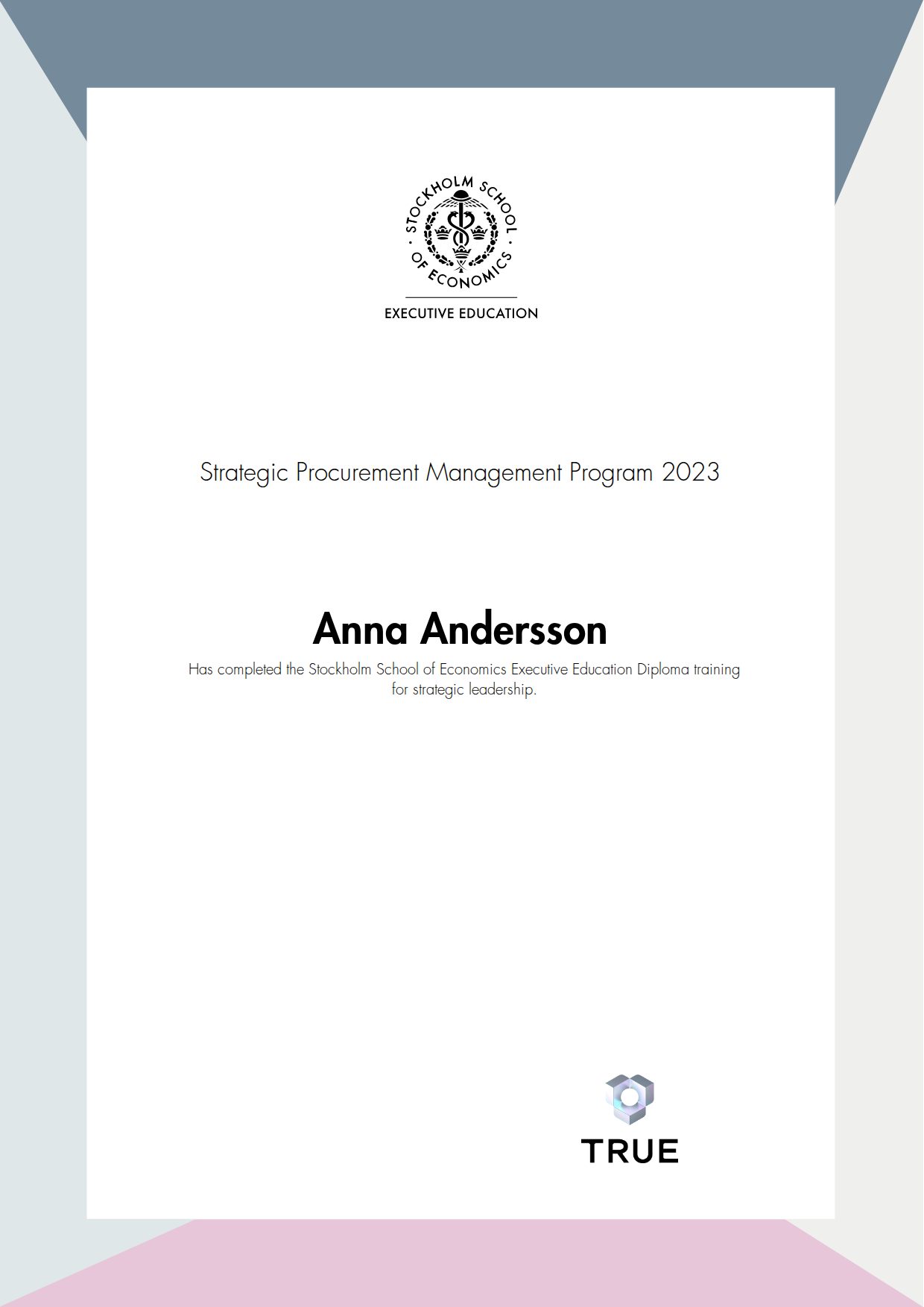 Exempel: diplom för Strategic Procurement Management Program 2023 från SSE - Handelshögskolan Executive Education