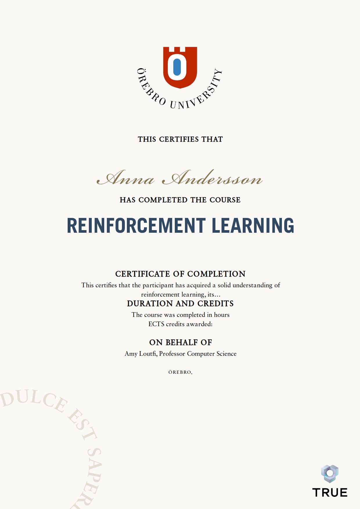 Exempel: diplom för Reinforcement Learning från Örebro universitet