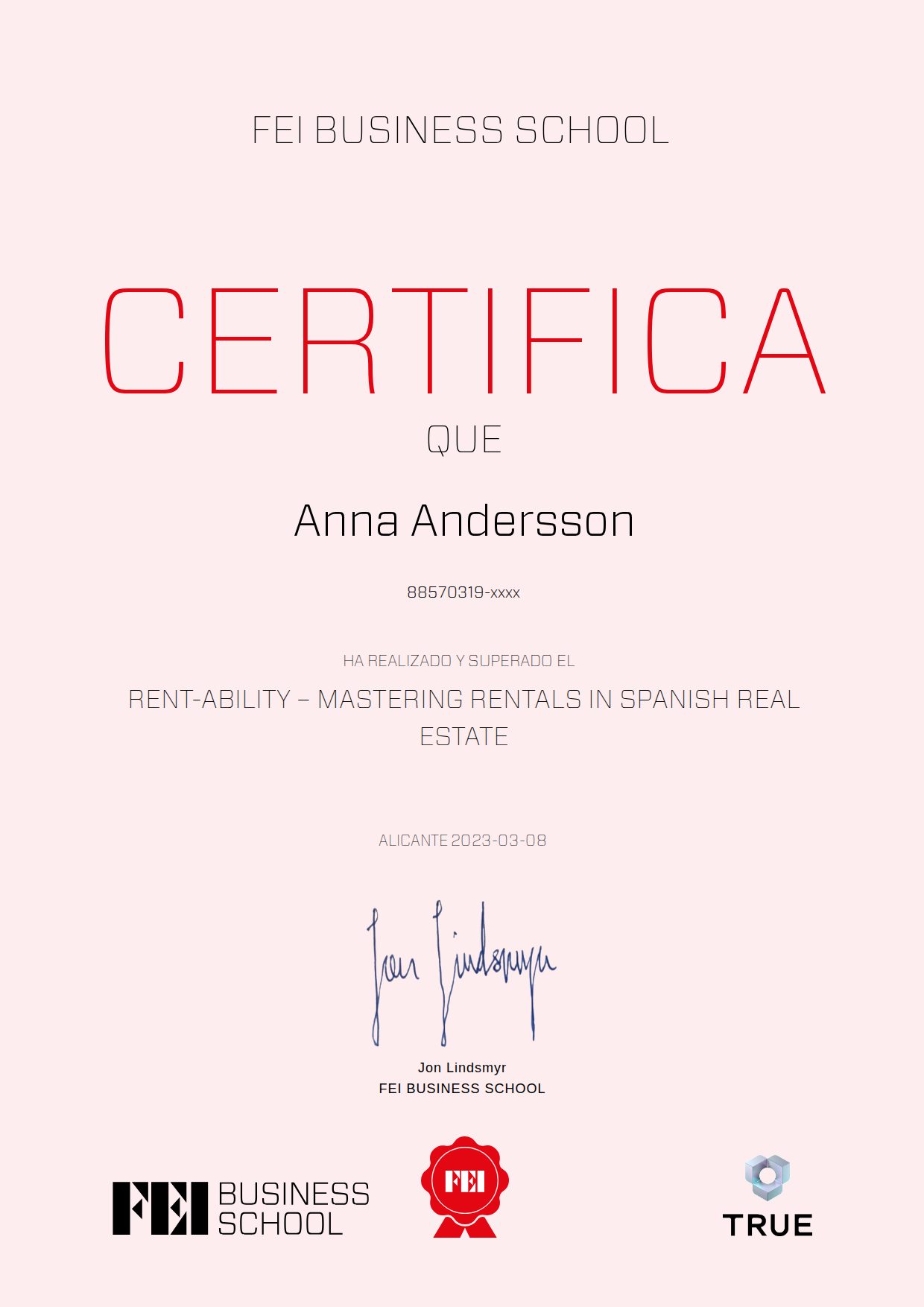 Exempel: diplom för Rent-Ability – Mastering rentals in Spanish Real Estate från FEI - Företagsekonomiska Institutet