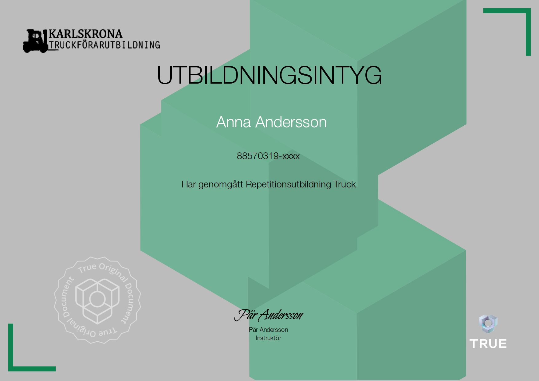 Exempel: diplom för Repetitionsutbildning Truck från Karlskrona Truckförarutbildning