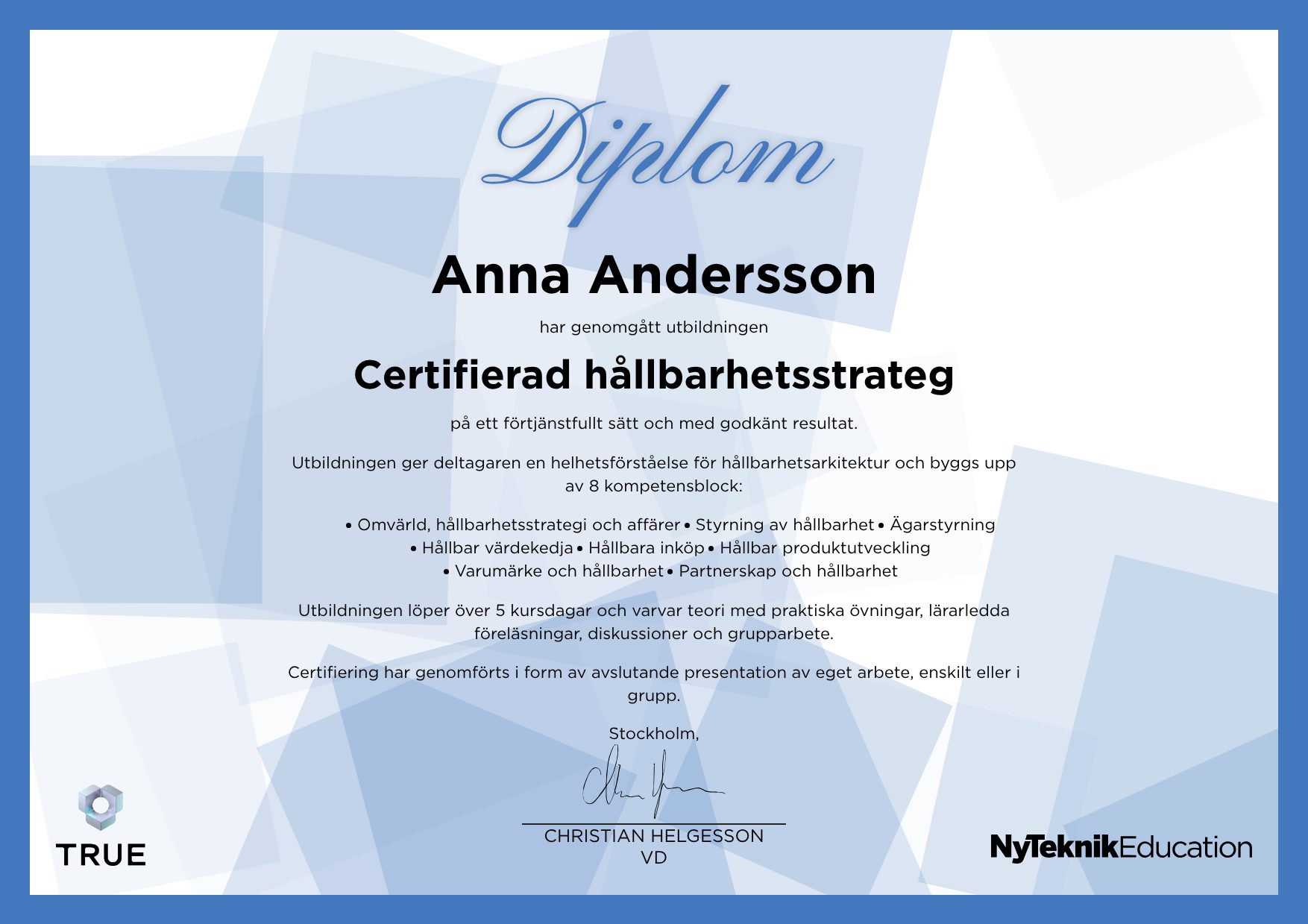 Exempel: diplom för Requirements Engineering från Ny Teknik Education