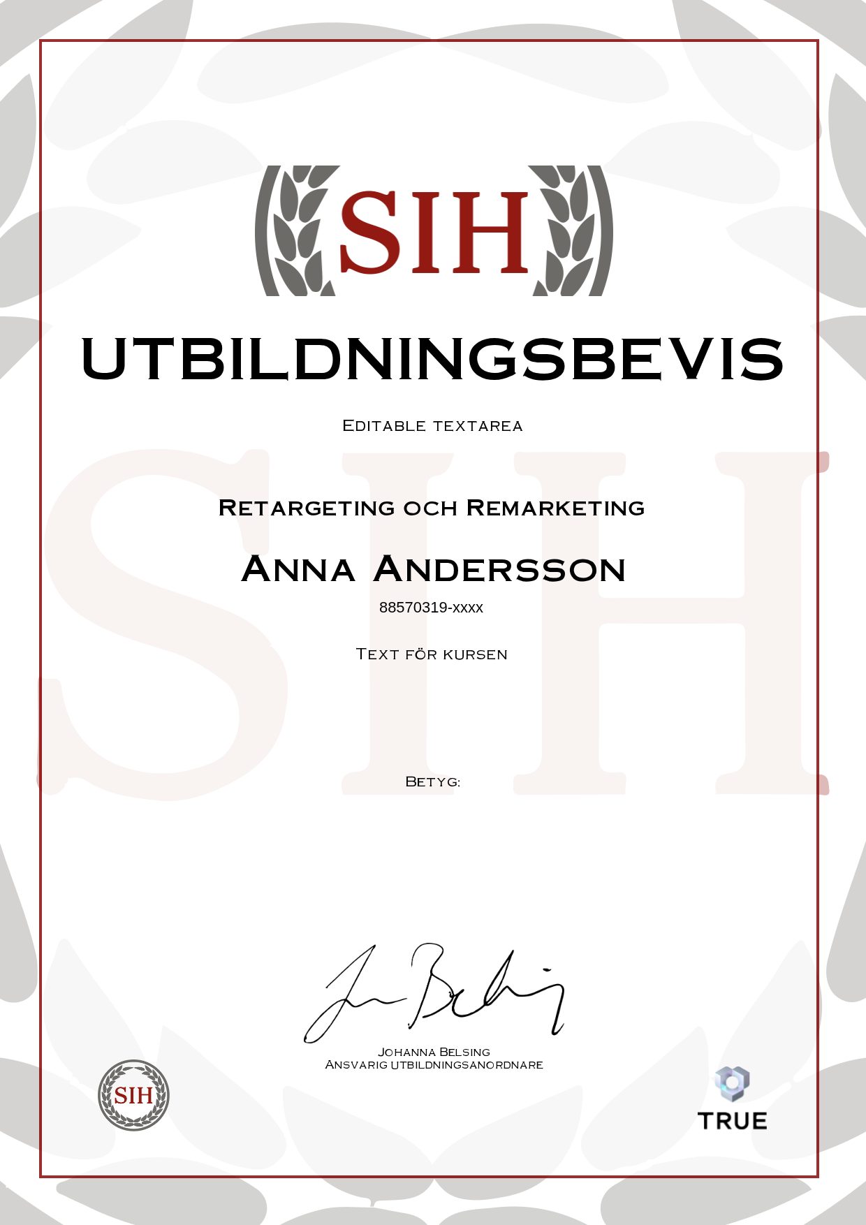 Example certificate for Retargeting och Remarketing from SIH - Stockholms Internationella Handelsskola