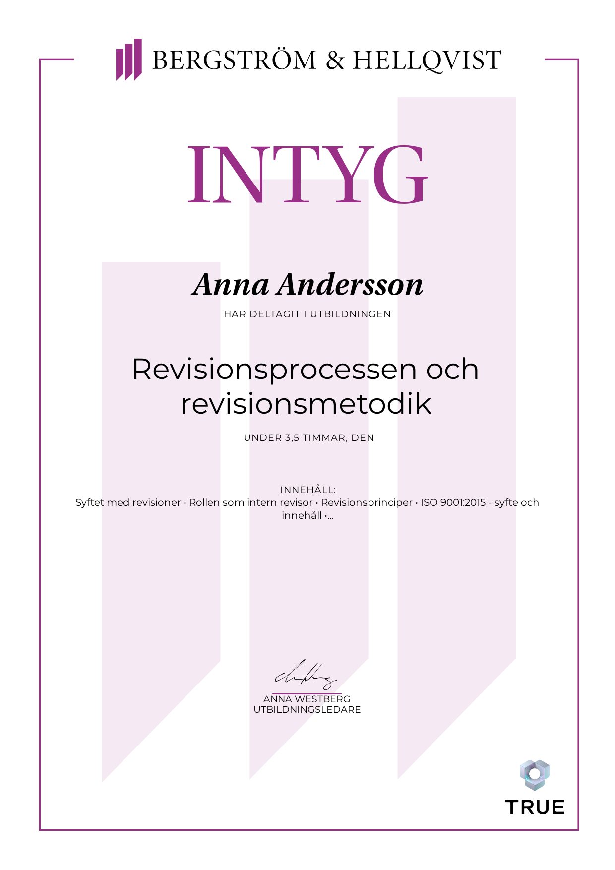 Exempel: diplom för Revisionsprocessen och revisionsmetodik från Bergström & Hellqvist