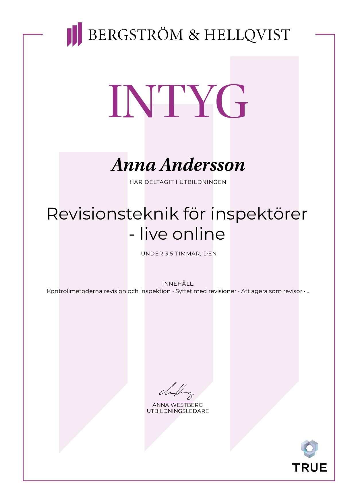 Exempel: diplom för Revisionsteknik för inspektörer - live online från Bergström & Hellqvist