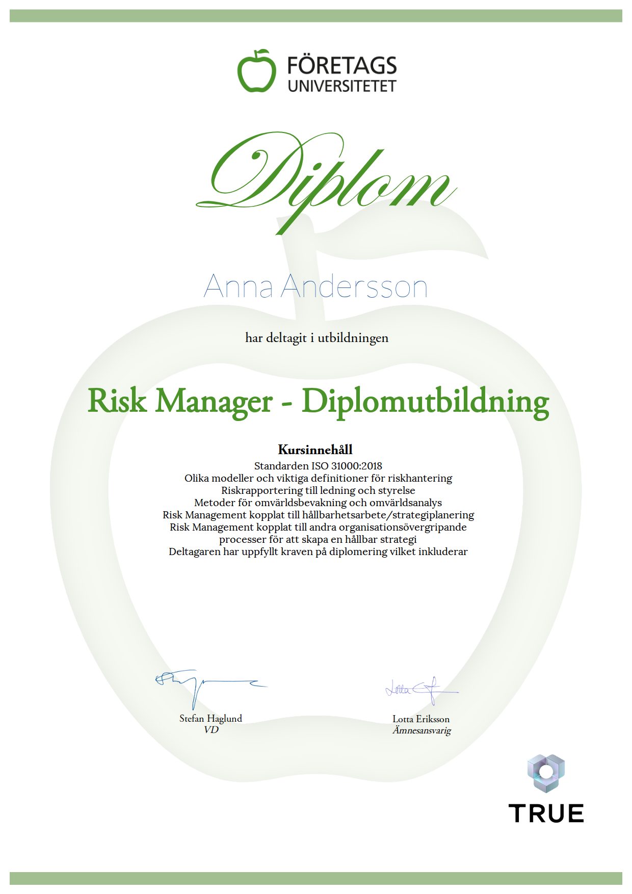 Exempel: diplom för Risk Manager - Diplomutbildning från Företagsuniversitetet