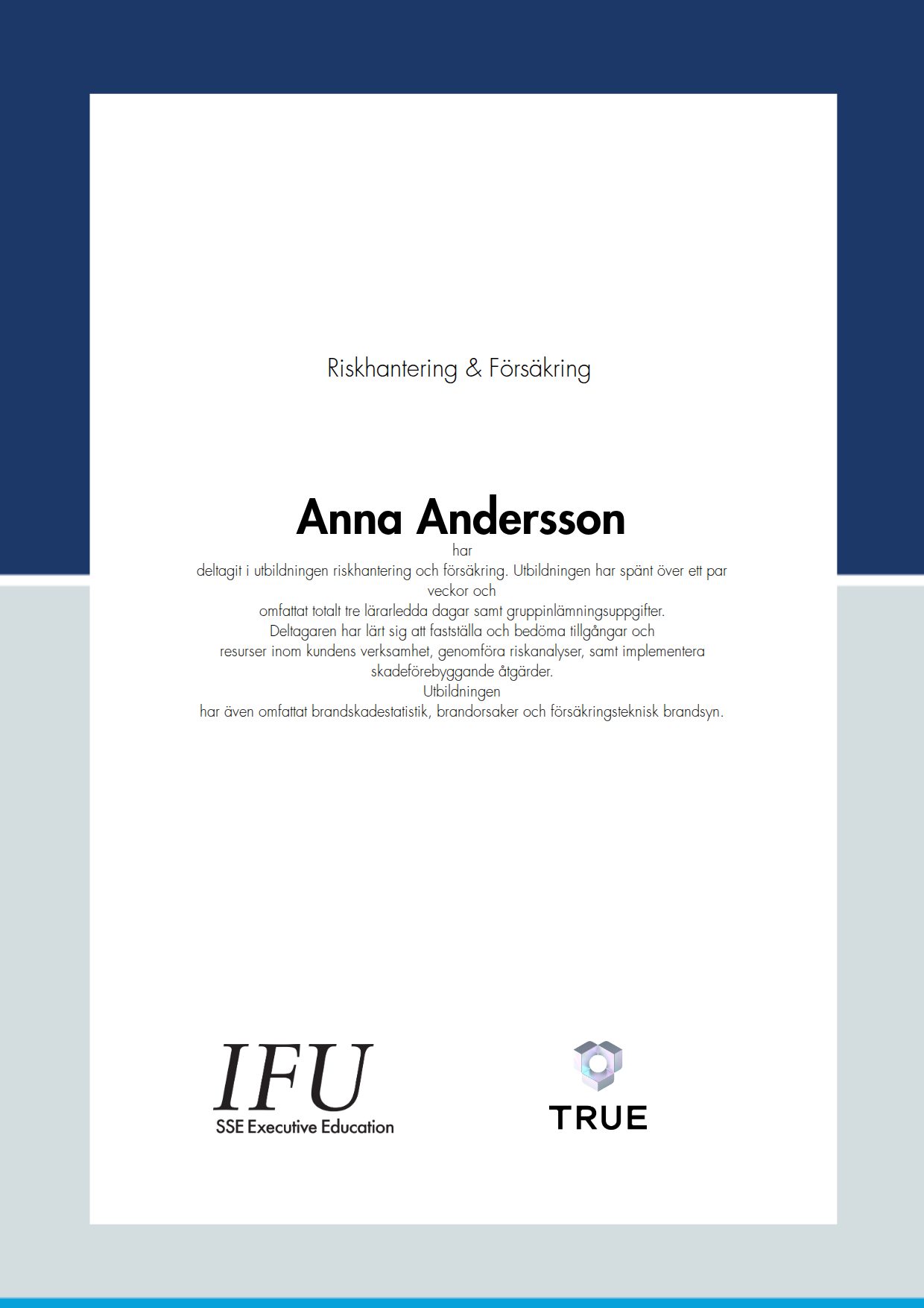 Exempel: diplom för Riskhantering & Försäkring från SSE - Handelshögskolan Executive Education