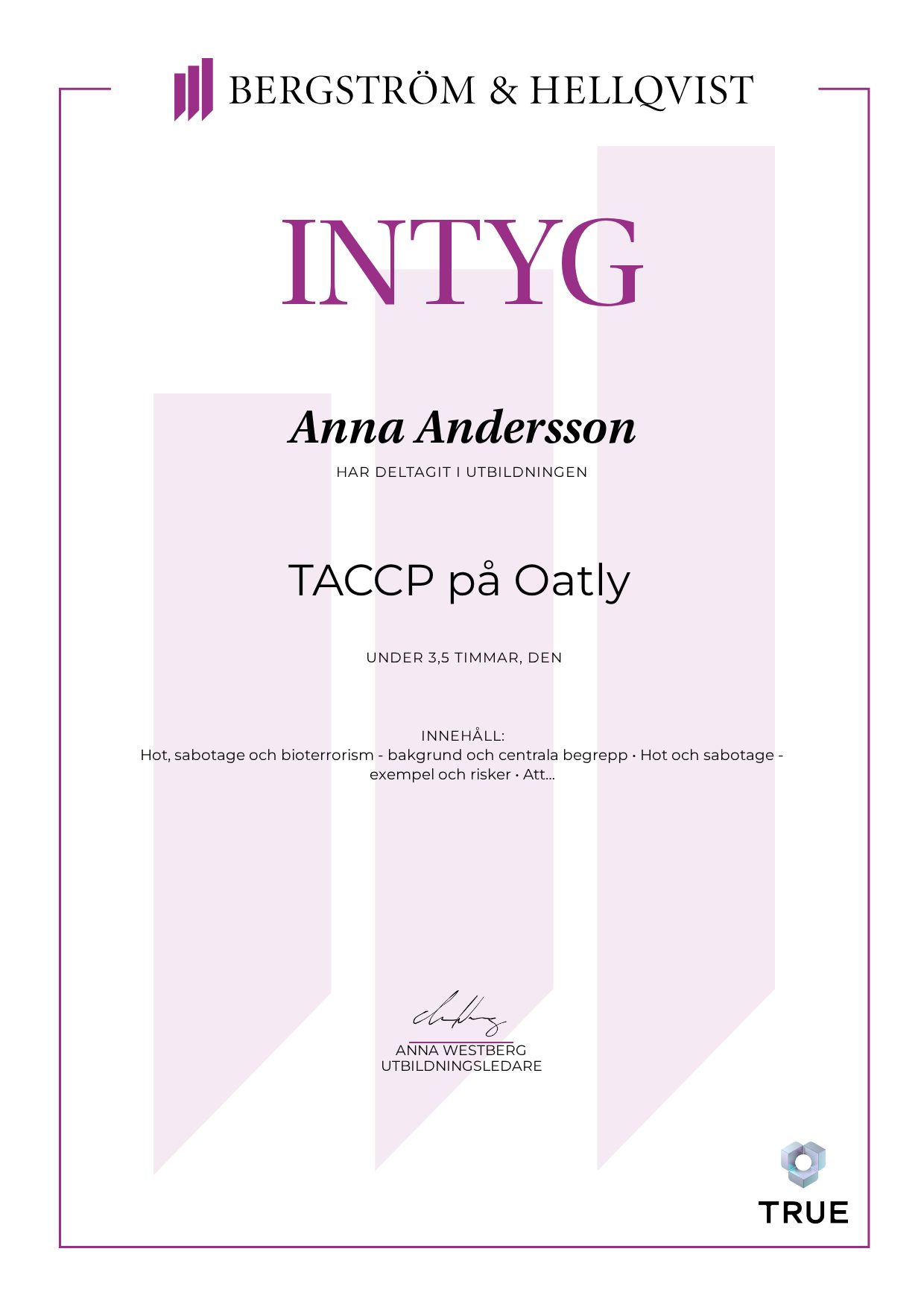 Example certificate for TACCP på Oatly from Bergström & Hellqvist