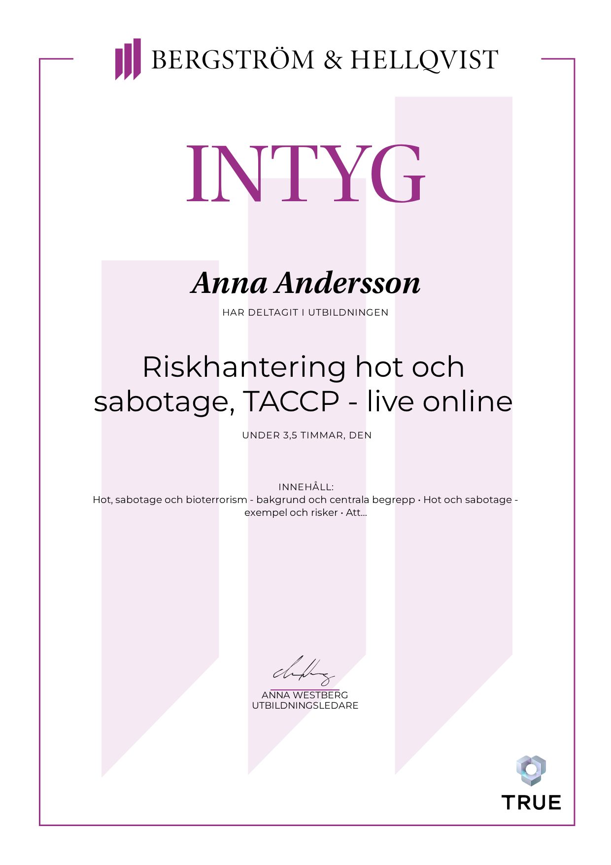 Example certificate for Riskhantering hot och sabotage, TACCP - live online from Bergström & Hellqvist