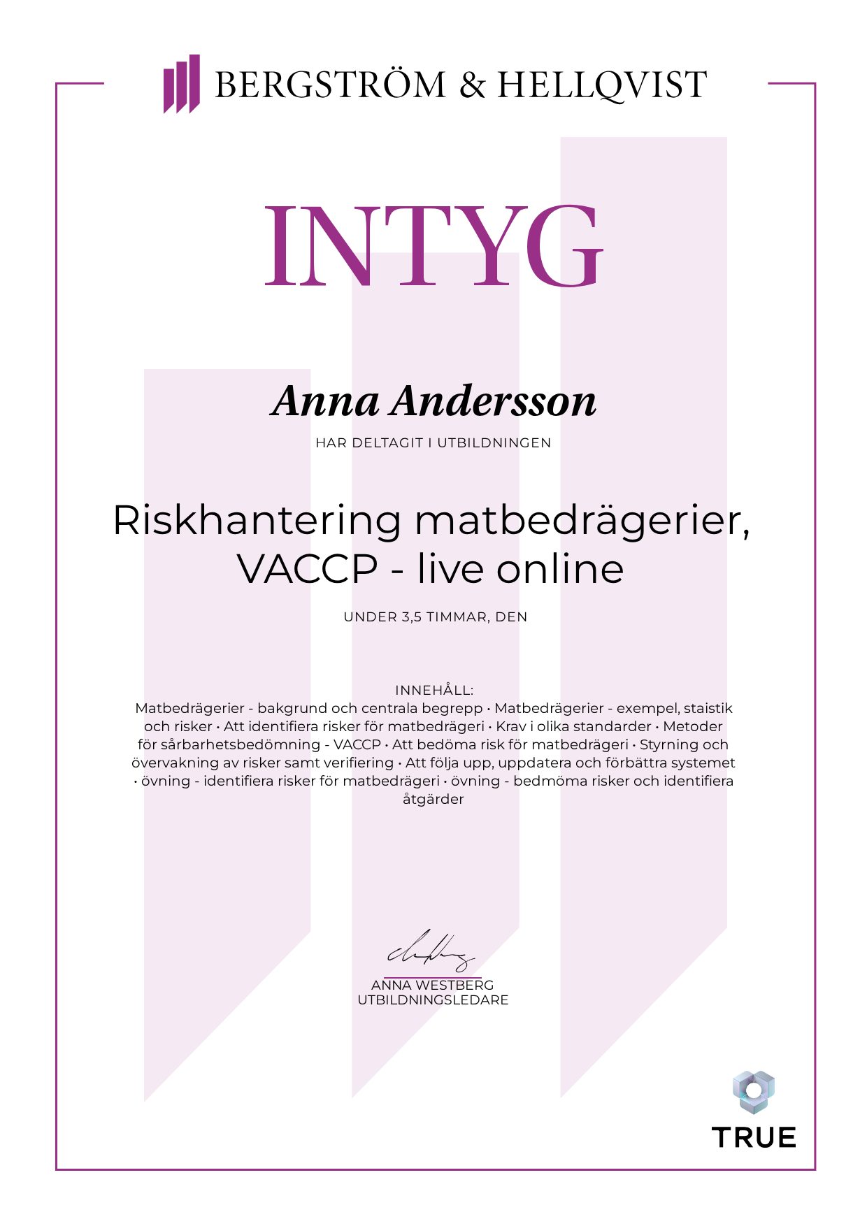 Exempel: diplom för Riskhantering matbedrägerier, VACCP - live online från Bergström & Hellqvist