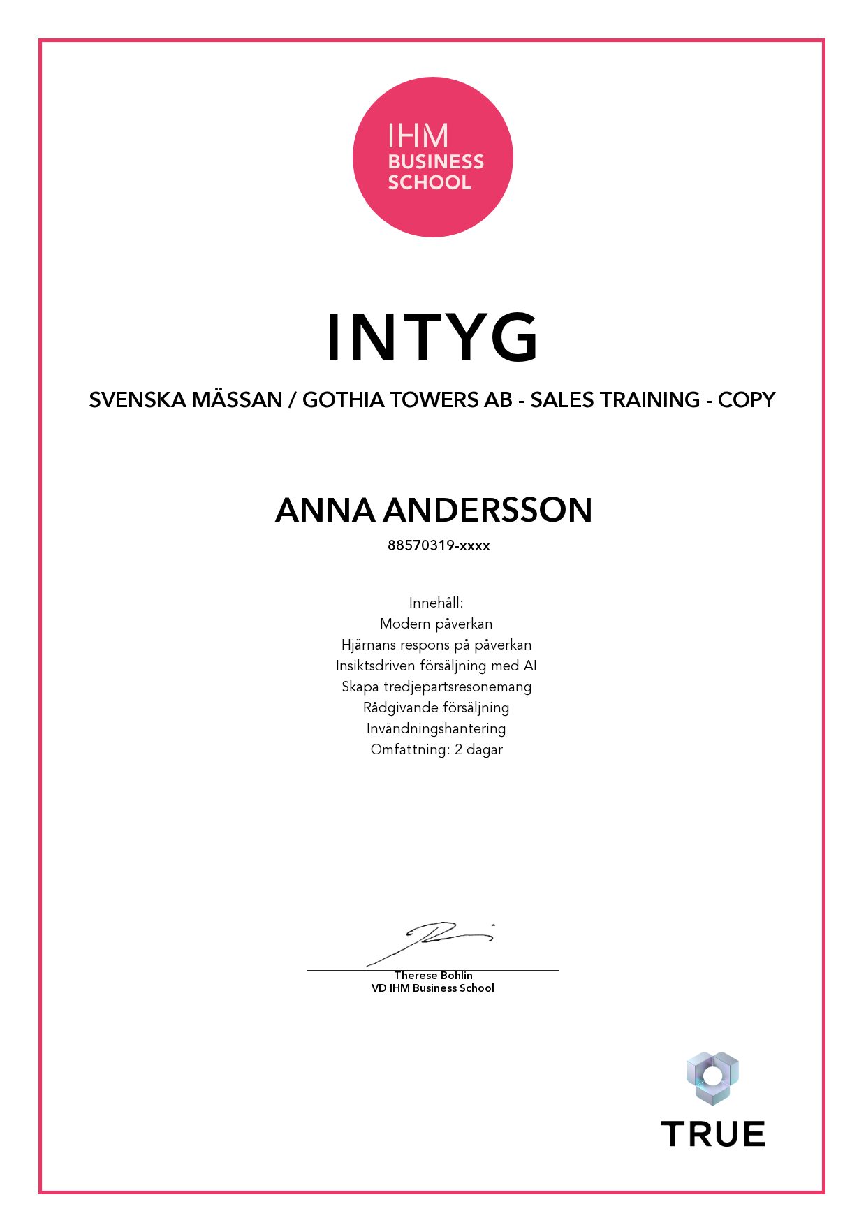 Exempel: diplom för Svenska Mässan / Gothia Towers AB - Sales training - Copy från IHM Business School