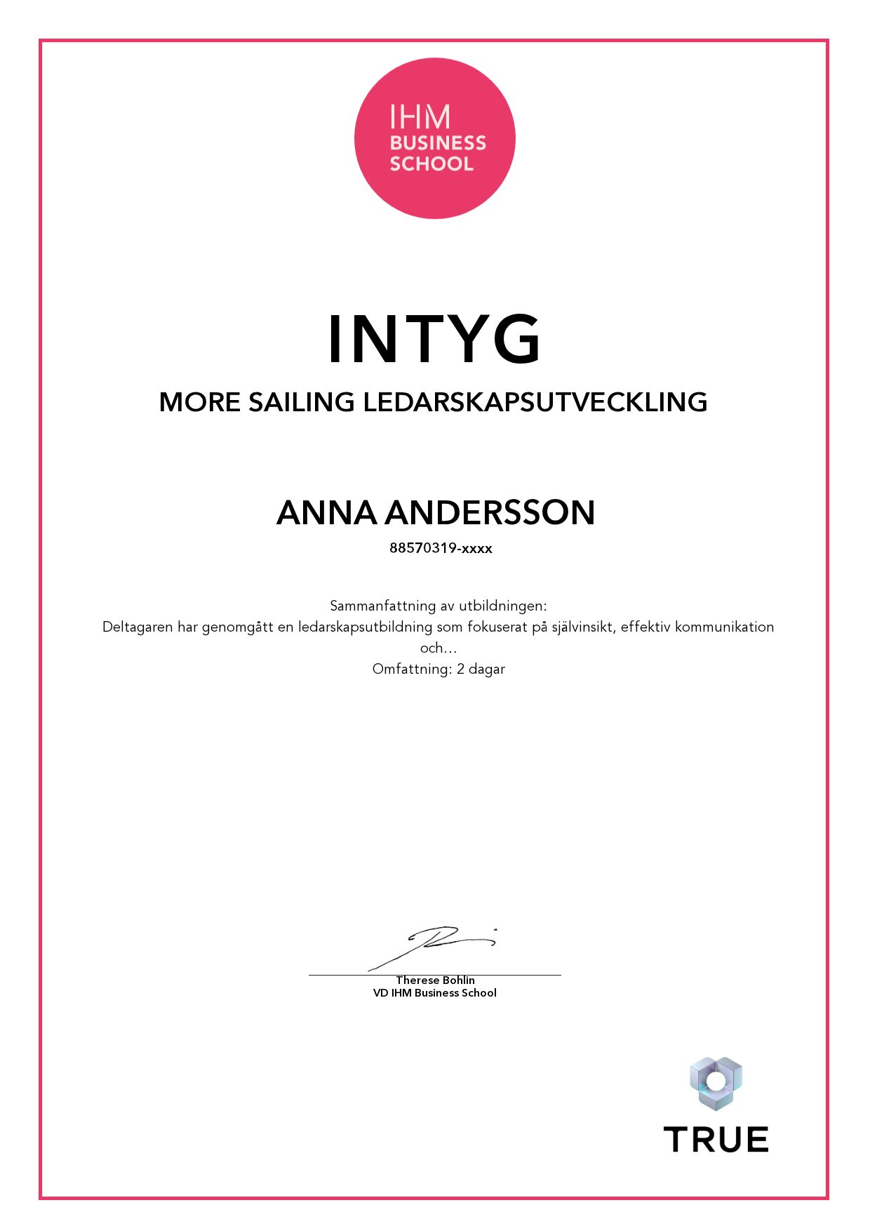 Exempel: diplom för More Sailing Ledarskapsutveckling från IHM Business School