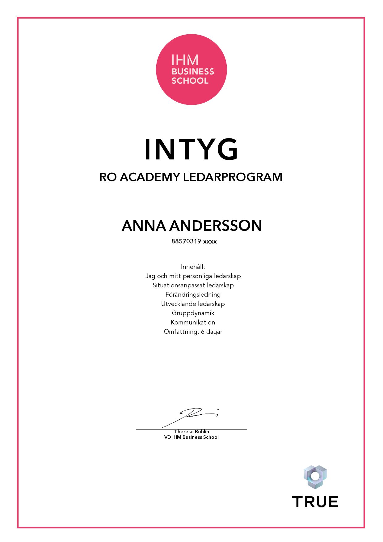 Example certificate for RO Academy Ledarprogram from IHM Business School