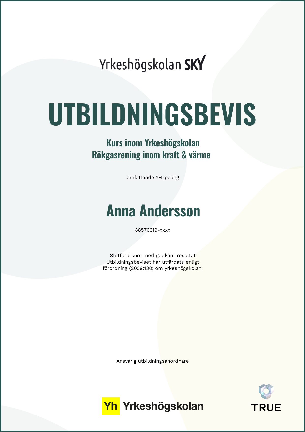 Example certificate for Rökgasrening inom kraft & värme from Yrkeshögskolan SKY