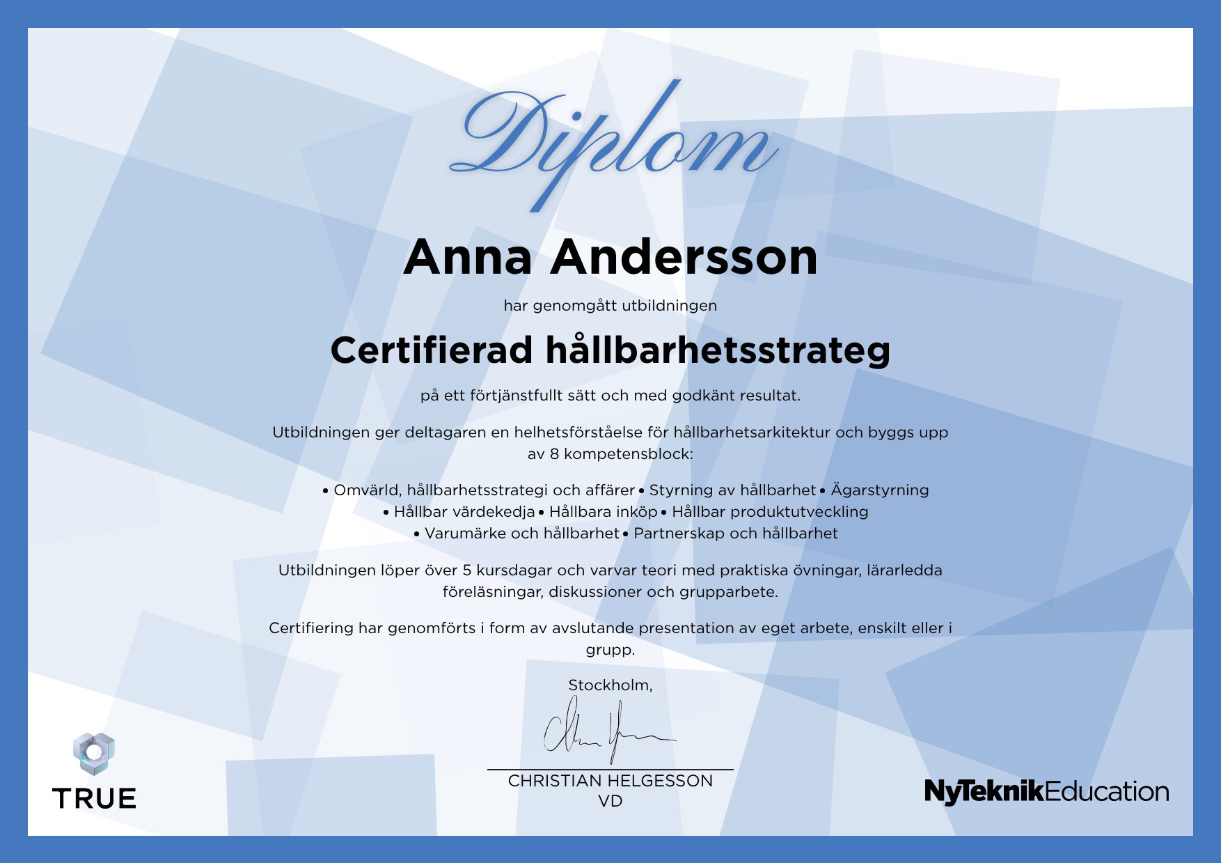 Exempel: diplom för Säkerhetsarkitekt från Ny Teknik Education