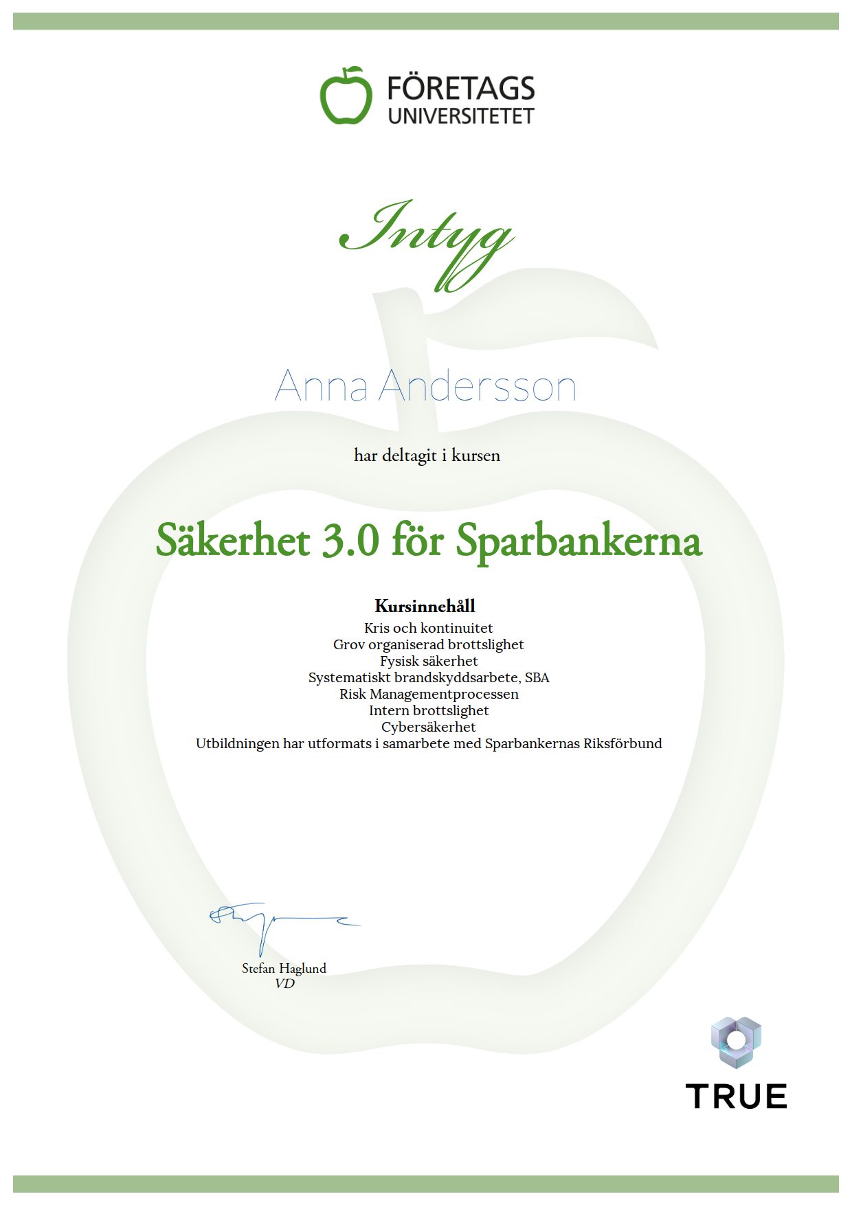 Exempel: diplom för Säkerhet 3.0 för Sparbankerna från Företagsuniversitetet