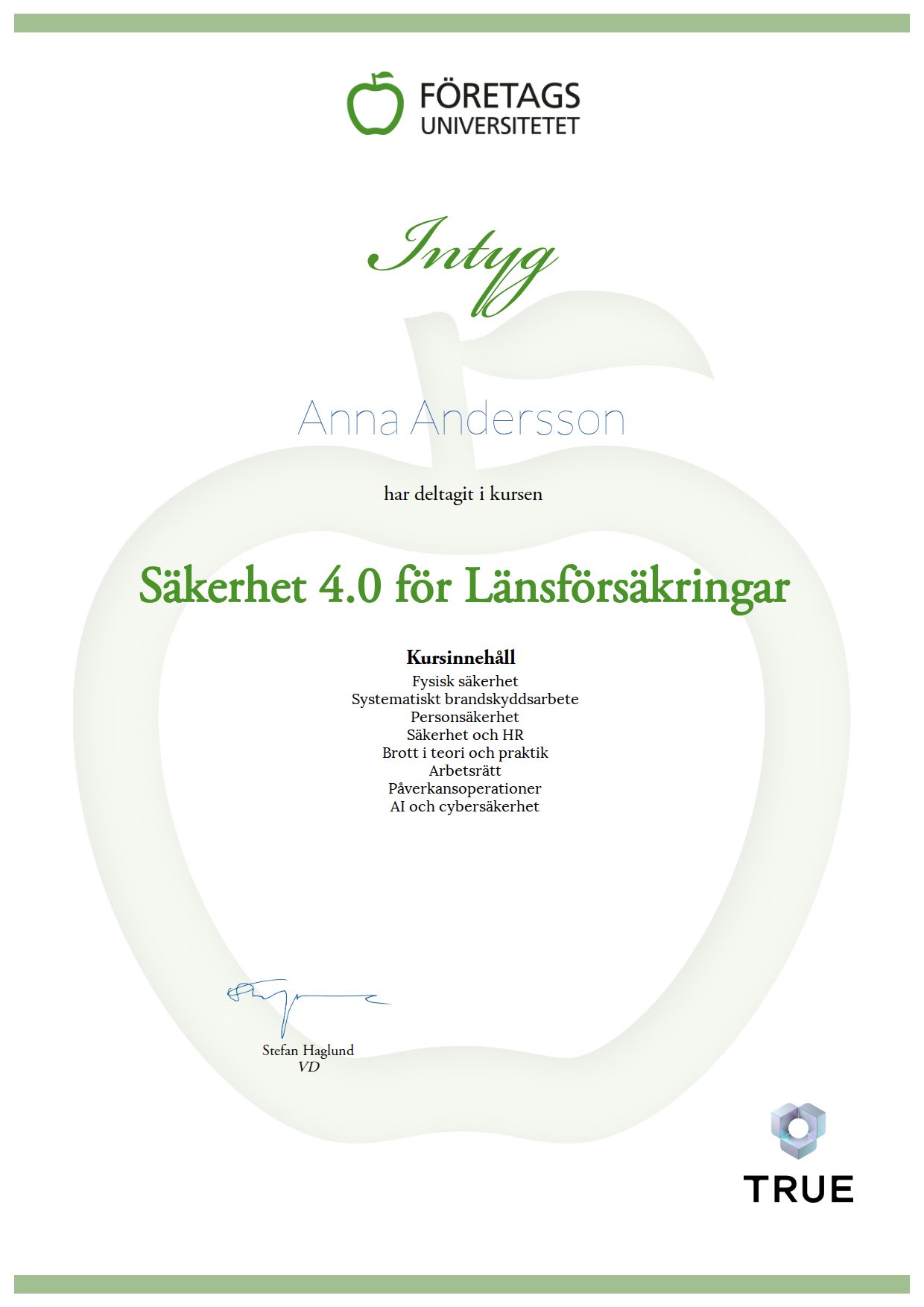 Exempel: diplom för Säkerhet 4.0 för Länsförsäkringar från Företagsuniversitetet