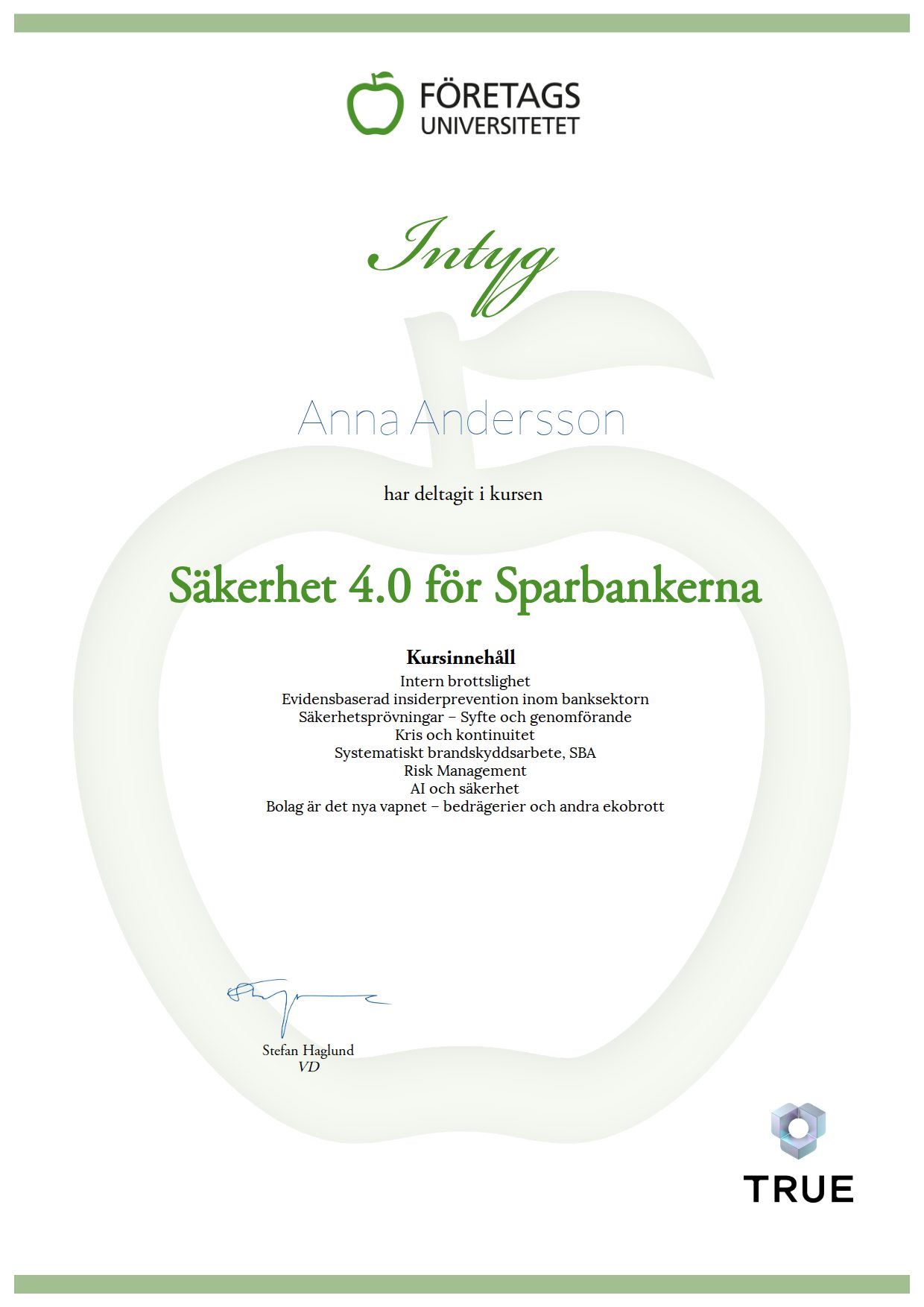 Exempel: diplom för Säkerhet 4.0 för Sparbankerna från Företagsuniversitetet
