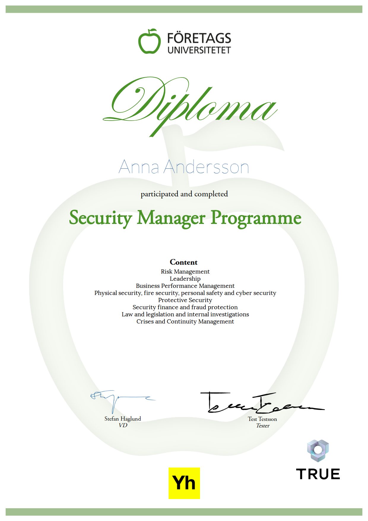 Example certificate for Security Manager Programme from Företagsuniversitetet