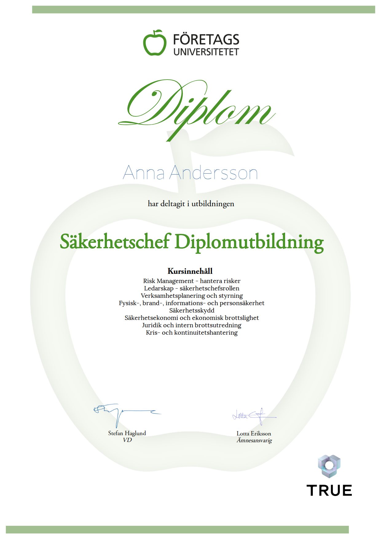 Exempel: diplom för Säkerhetschef Diplomutbildning från Företagsuniversitetet