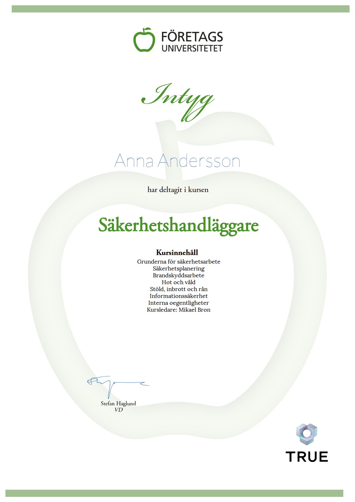 Exempel: diplom för Säkerhetshandläggare från Företagsuniversitetet