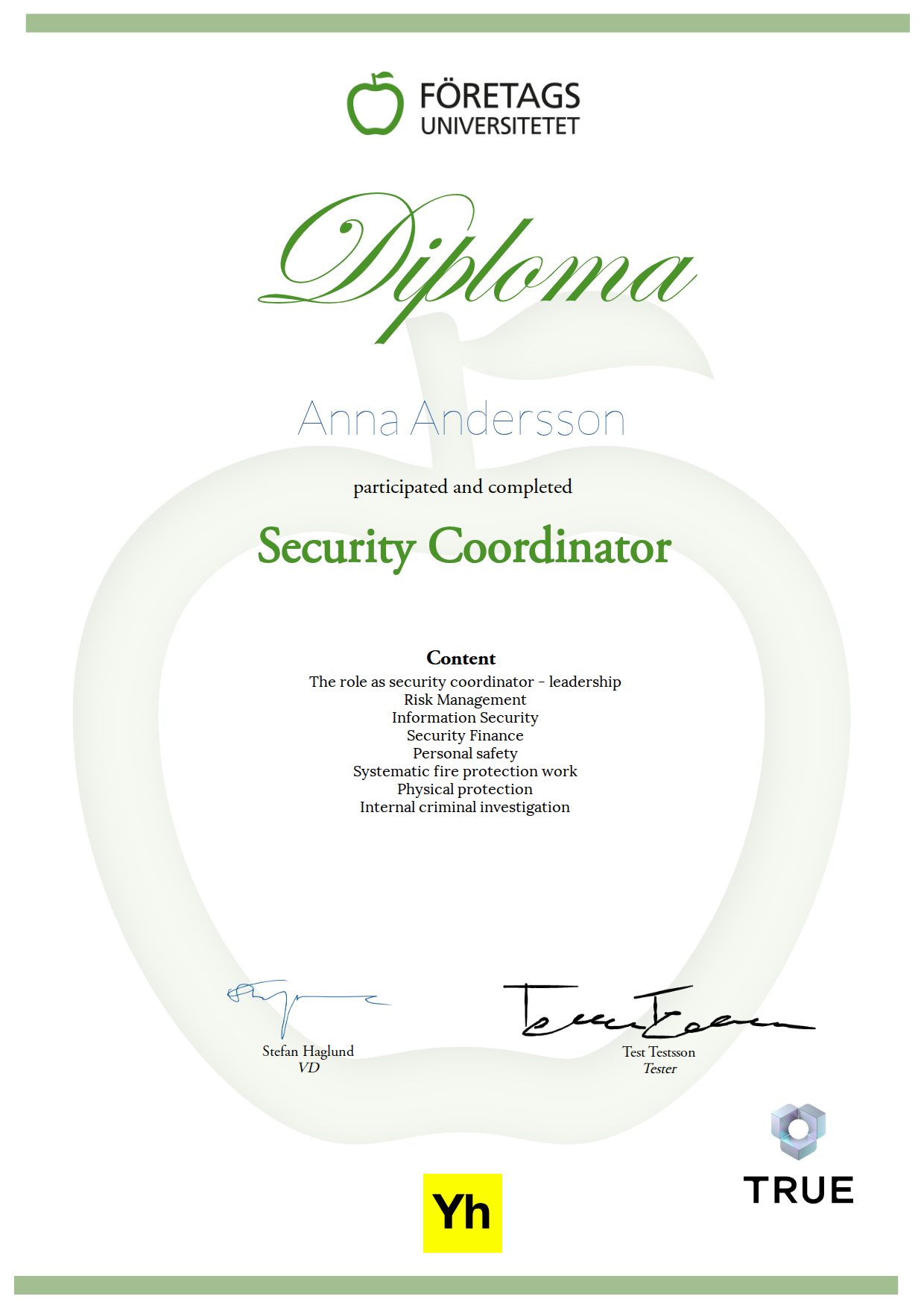 Example certificate for Security Coordinator from Företagsuniversitetet