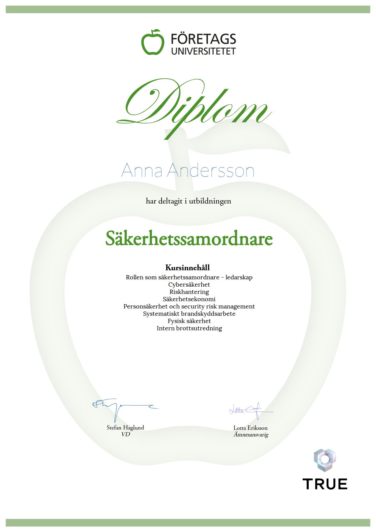 Exempel: diplom för Säkerhetssamordnare från Företagsuniversitetet