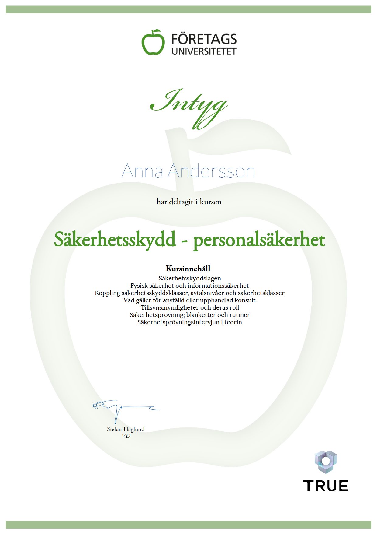 Exempel: diplom för Säkerhetsskydd - personalsäkerhet från Företagsuniversitetet