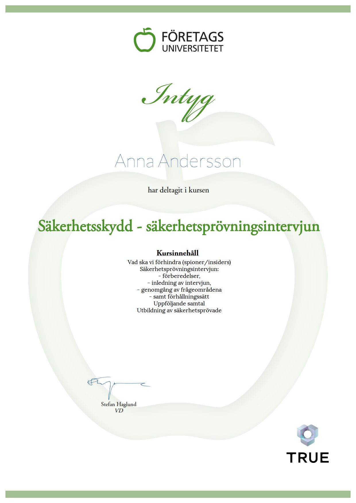Example certificate for Säkerhetsskydd - säkerhetsprövningsintervjun from Företagsuniversitetet