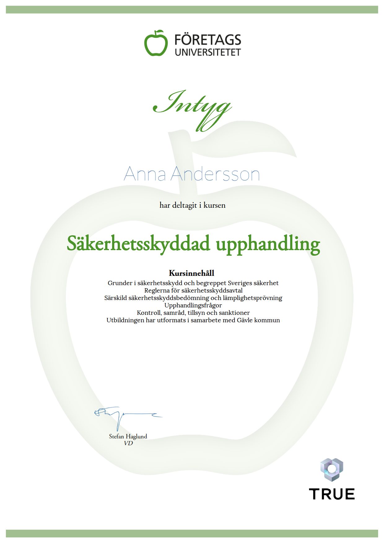 Exempel: diplom för Säkerhetsskyddad upphandling från Företagsuniversitetet
