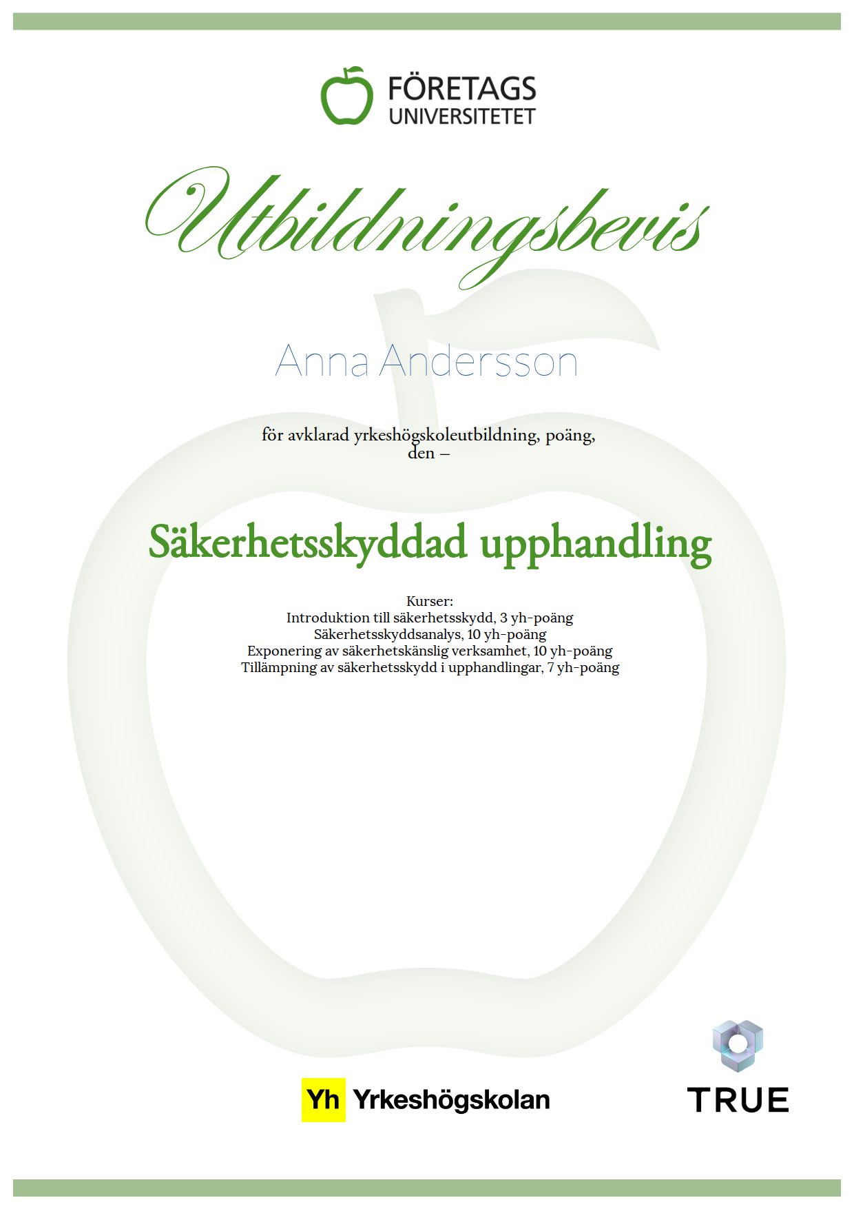 Example certificate for Säkerhetsskyddad upphandling from Företagsuniversitetet YH
