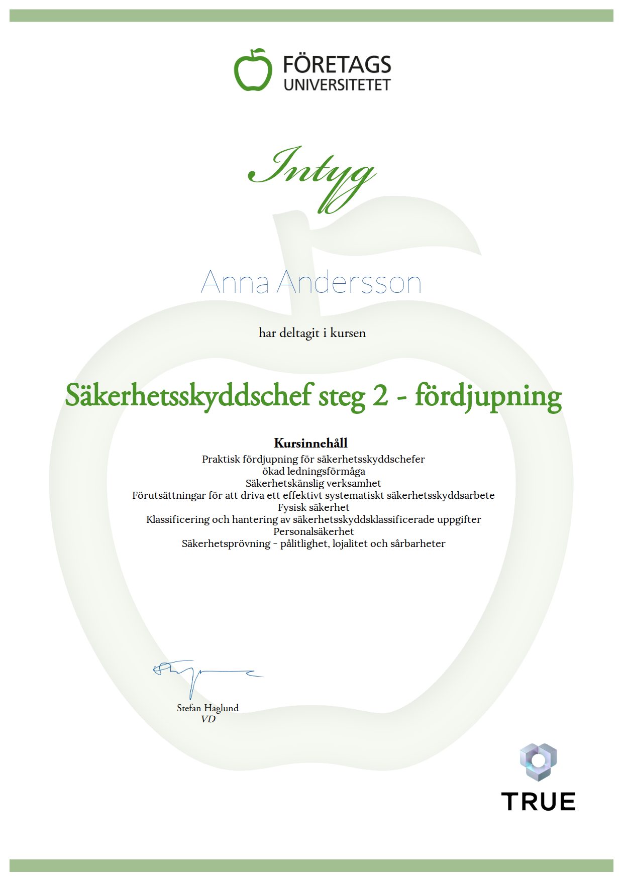 Exempel: diplom för Säkerhetsskyddschef steg 2 - fördjupning från Företagsuniversitetet