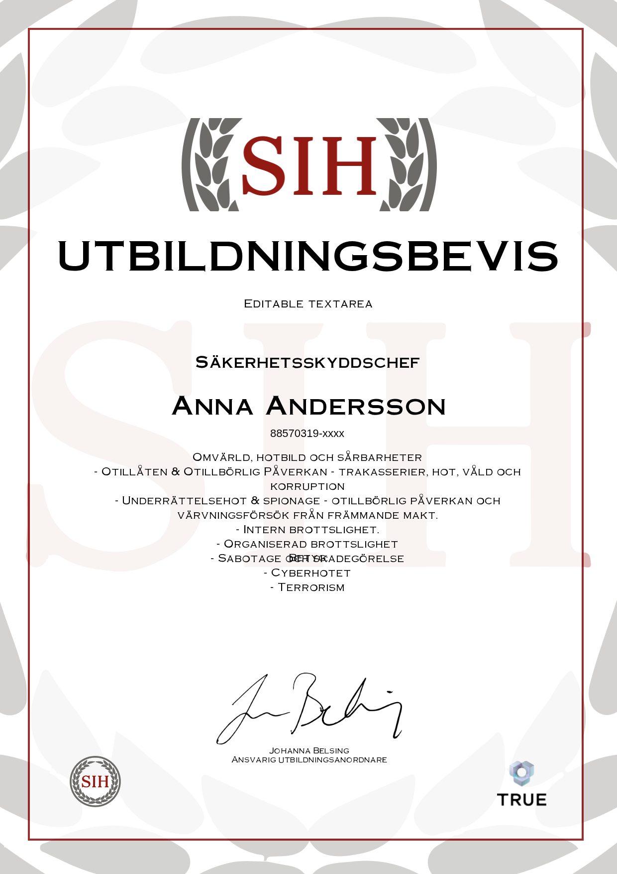 Example certificate for Säkerhetsskyddschef from SIH - Stockholms Internationella Handelsskola